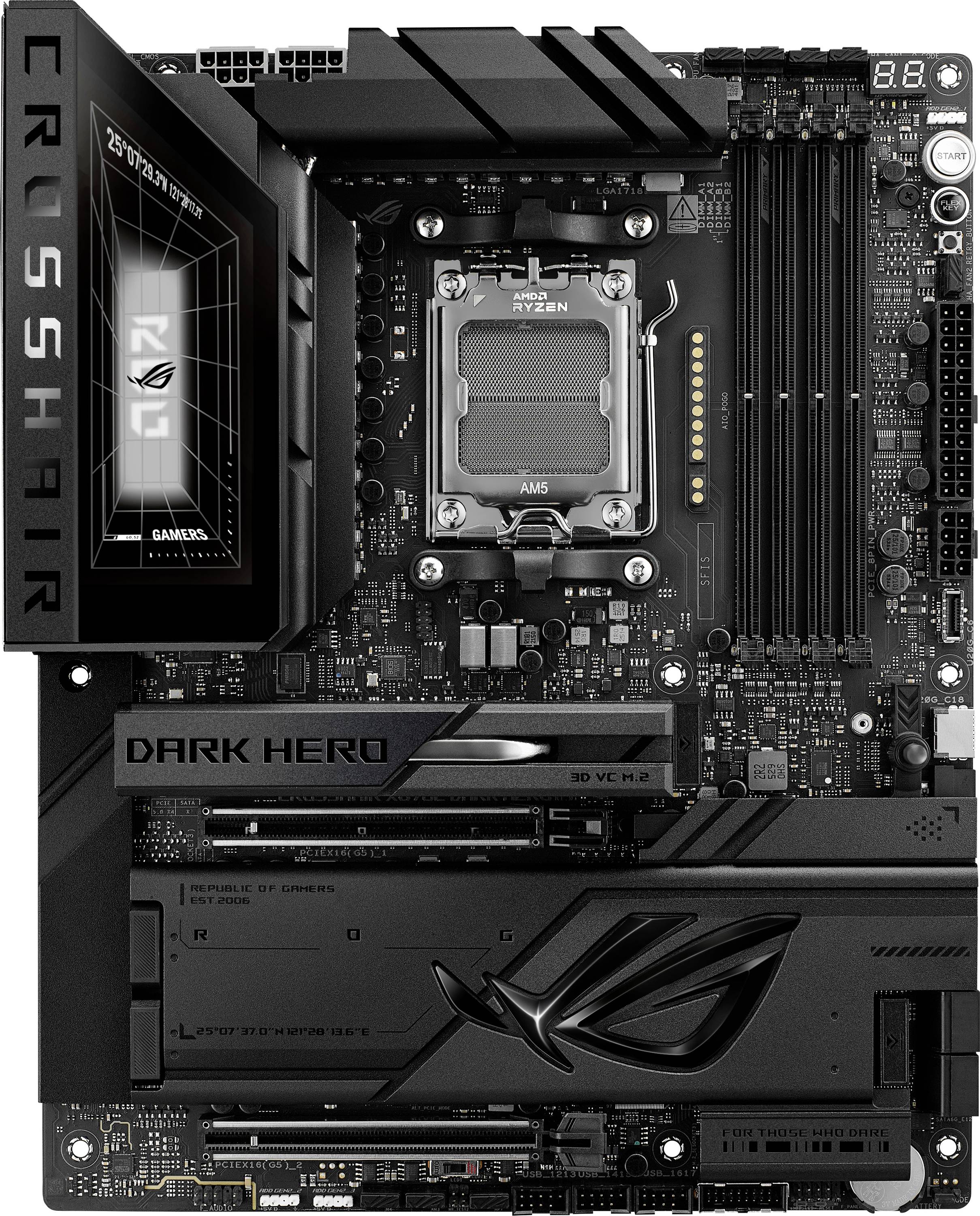 Ein schwarzes ASUS ROG Crosshair VIII Dark Hero Motherboard mit AMD Ryzen-Sockel, mehreren RAM-Steckplätzen und prominentem „ROG