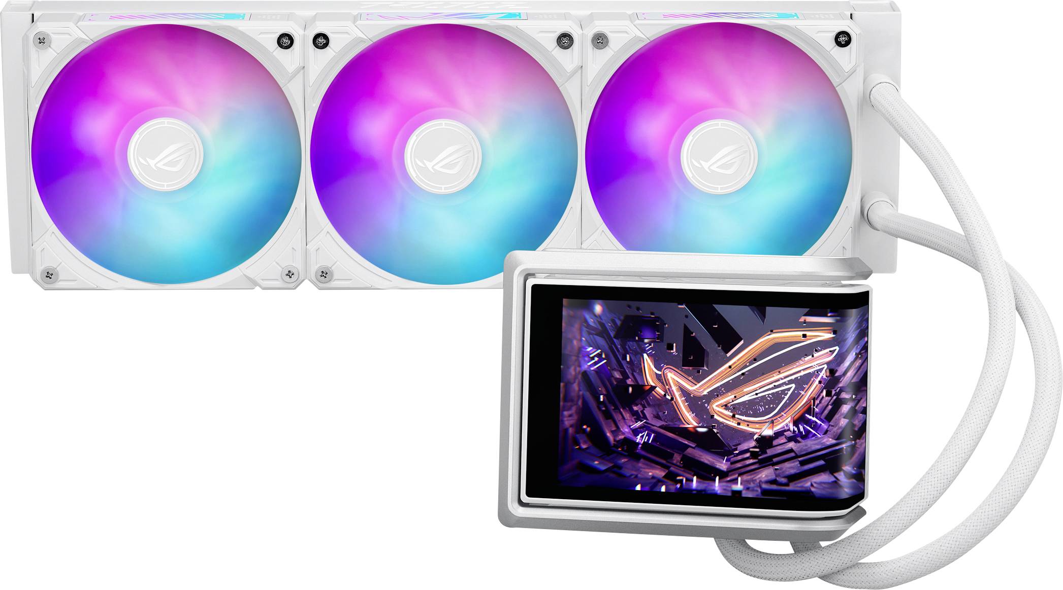 Ein weißes Flüssigkeitskühlungssystem mit drei RGB-Lüftern und einem Display-Bildschirm, auf dem ein leuchtendes Logo angezeigt wird. Konzipiert für Gaming-Computer-Setups.