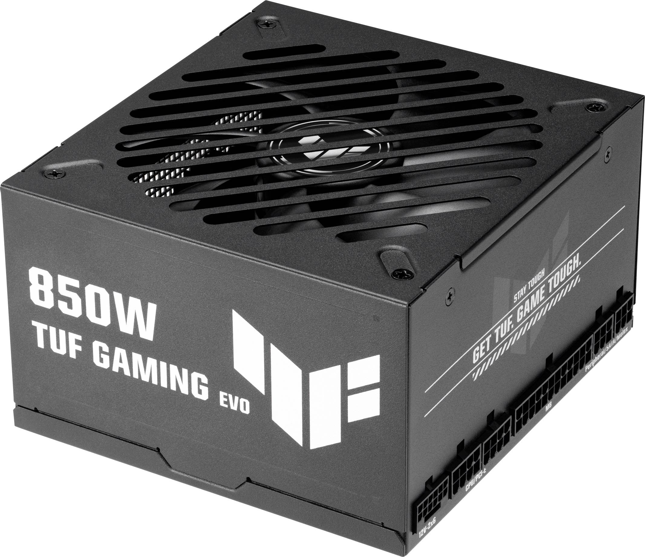 'Stromversorgungseinheit mit 850W TUF Gaming Evo' für Computer in Schwarz mit Lüfter oben, konzipiert für High-Performance-Gaming-Setups.