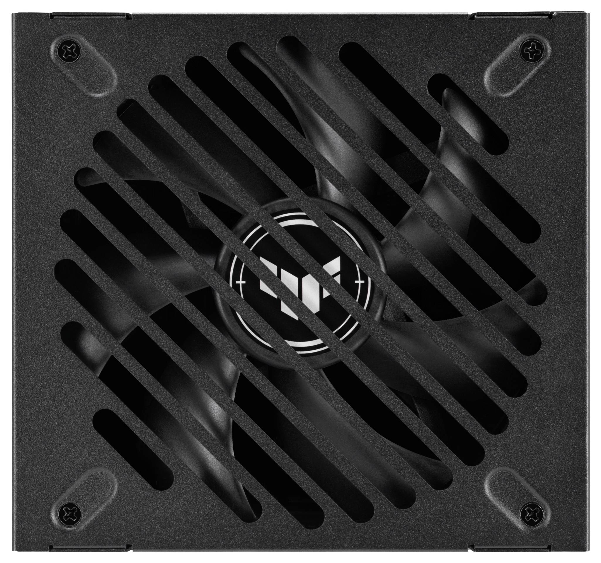 Eine schwarze Computer-Stromversorgungseinheit mit sichtbarem Kühlventilator, von oben durch eine Lüftergitterabdeckung betrachtet, mit einem zentralen Logo.