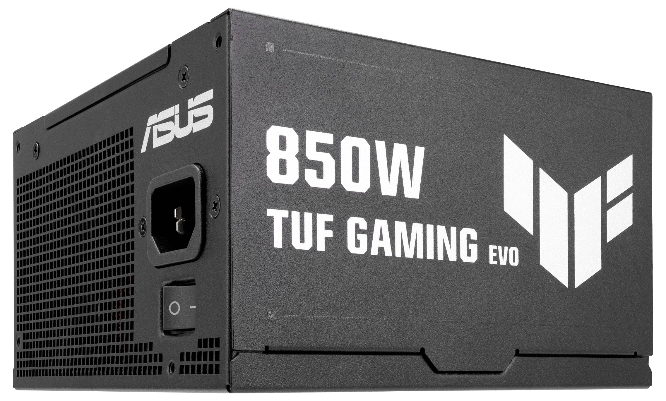Eine ASUS TUF Gaming Evo 850W Stromversorgungseinheit mit schwarzem Gehäuse wird gezeigt, die einen Schalter und eine Stromeingabe auf dem Seitenpanel aufweist.