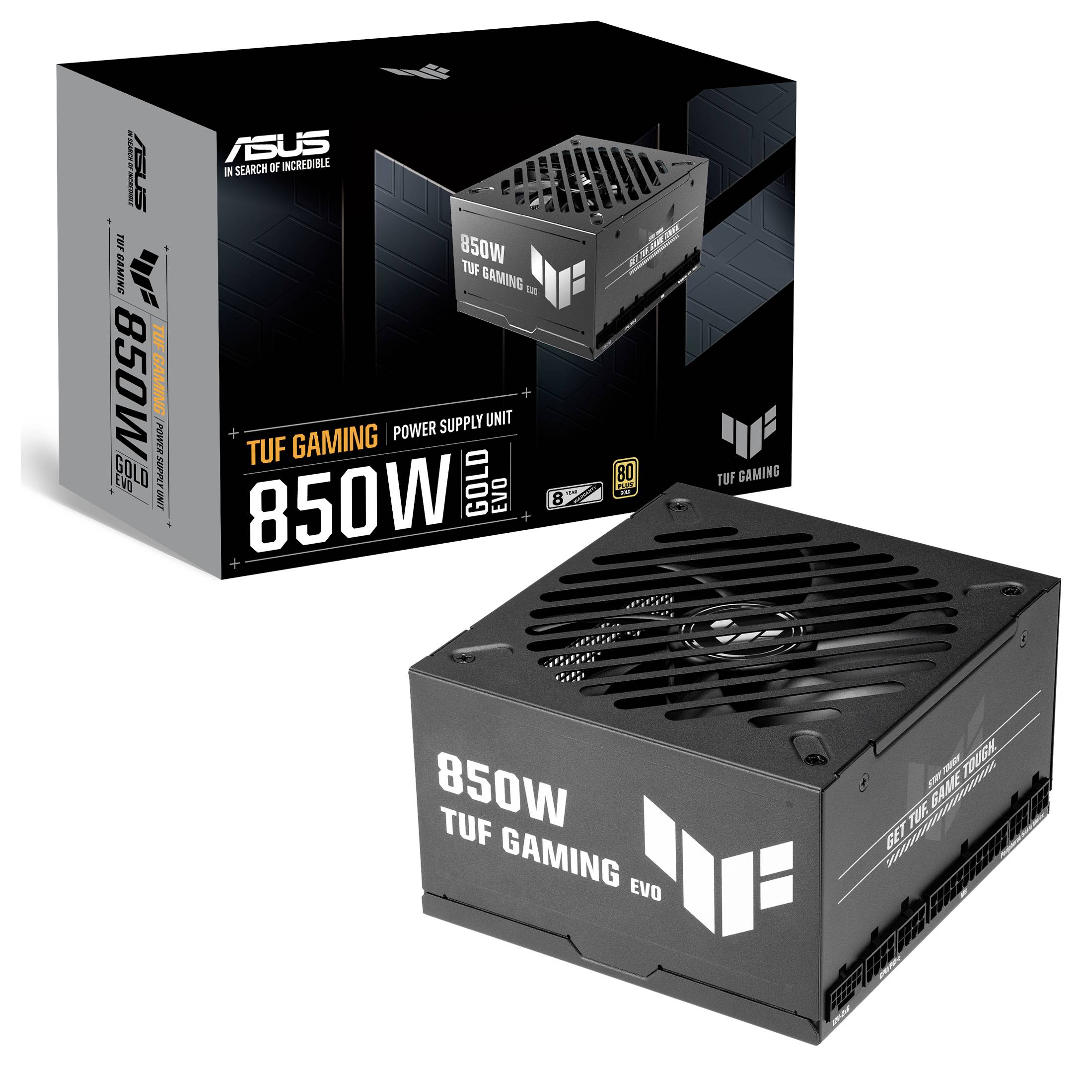 ASUS TUF Gaming 850W Stromversorgungseinheit mit schwarzem Design, 80 PLUS Gold-Zertifizierung, geeignet für leistungsstarke Gaming-Setups.