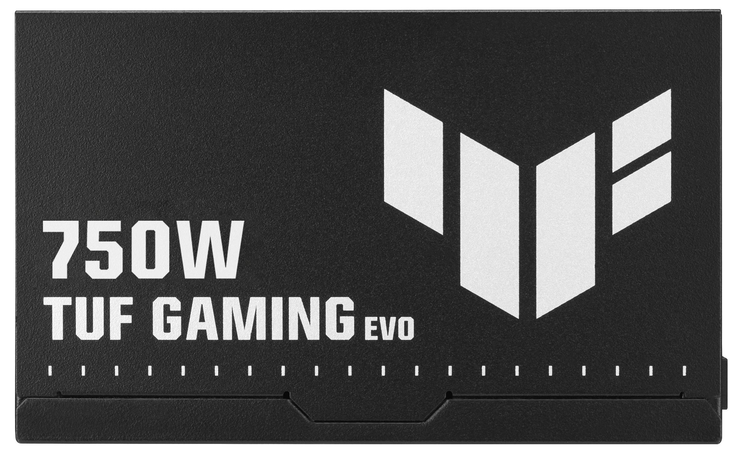 Ein schwarzes TUF Gaming Evo 750W-Netzteil mit weißem Logo und Text.