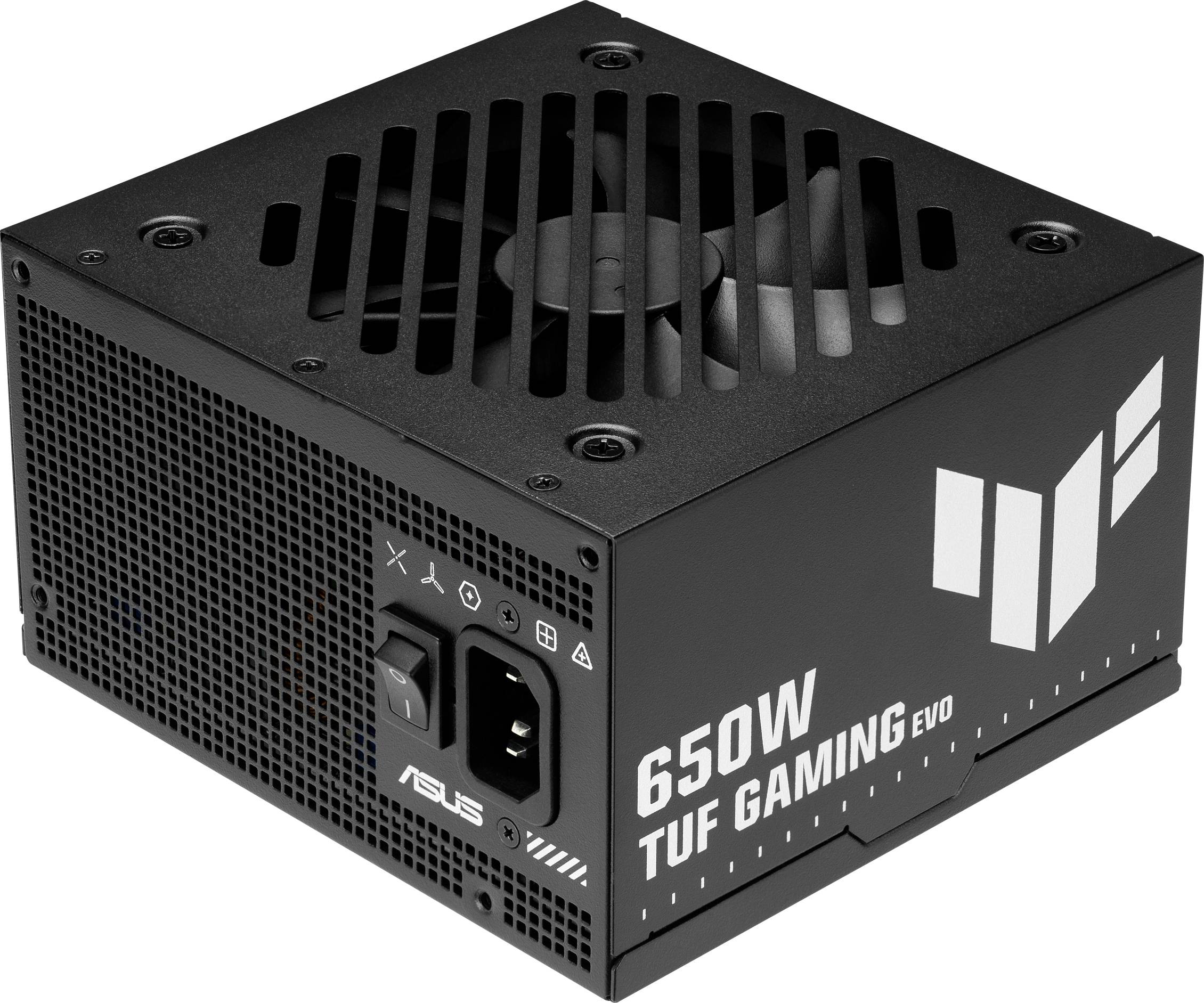 ASUS TUF Gaming 650W EVO Netzteil mit Gitter, Netzschalter und Kabelanschlussport; verfügt über ein belüftetes schwarzes Metallgehäuse.
