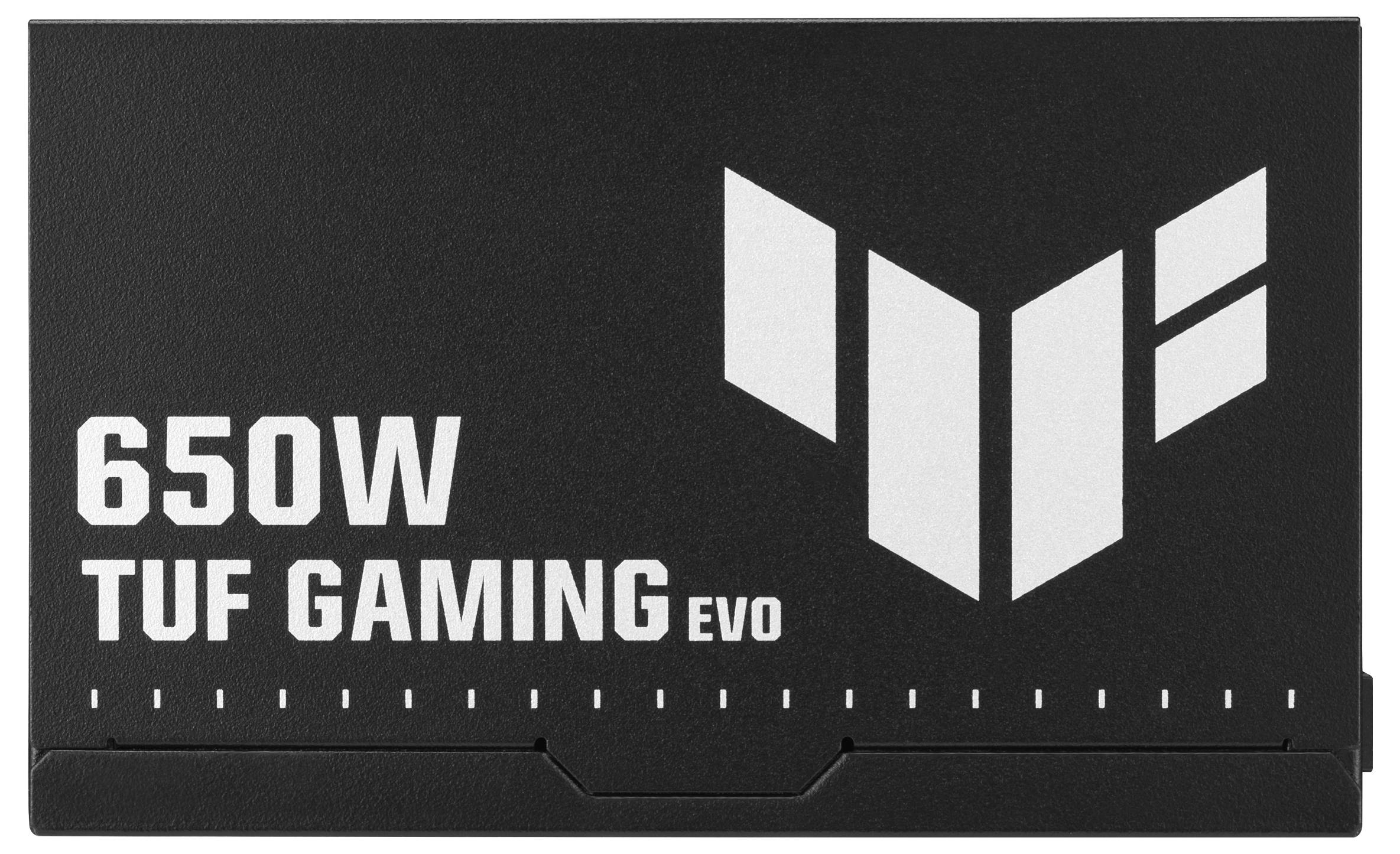 '650W TUF Gaming EVO' Netzteil Vorderansicht mit Logo und Text.