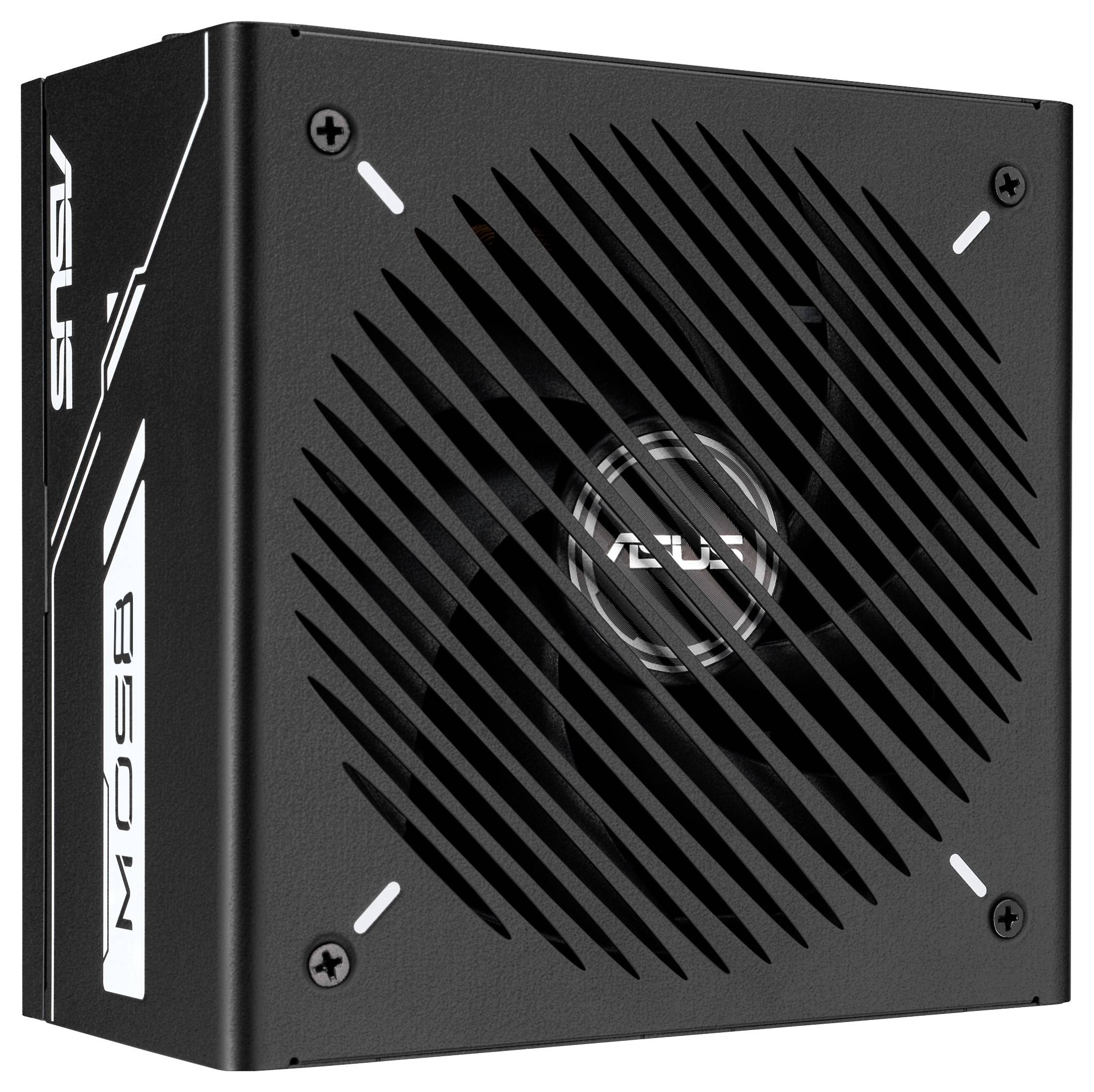 Ein schwarzes Asus 850W-Netzteil mit prominentem Kühlventilator und elegantes Design, mit weißer Beschriftung auf der Seite.