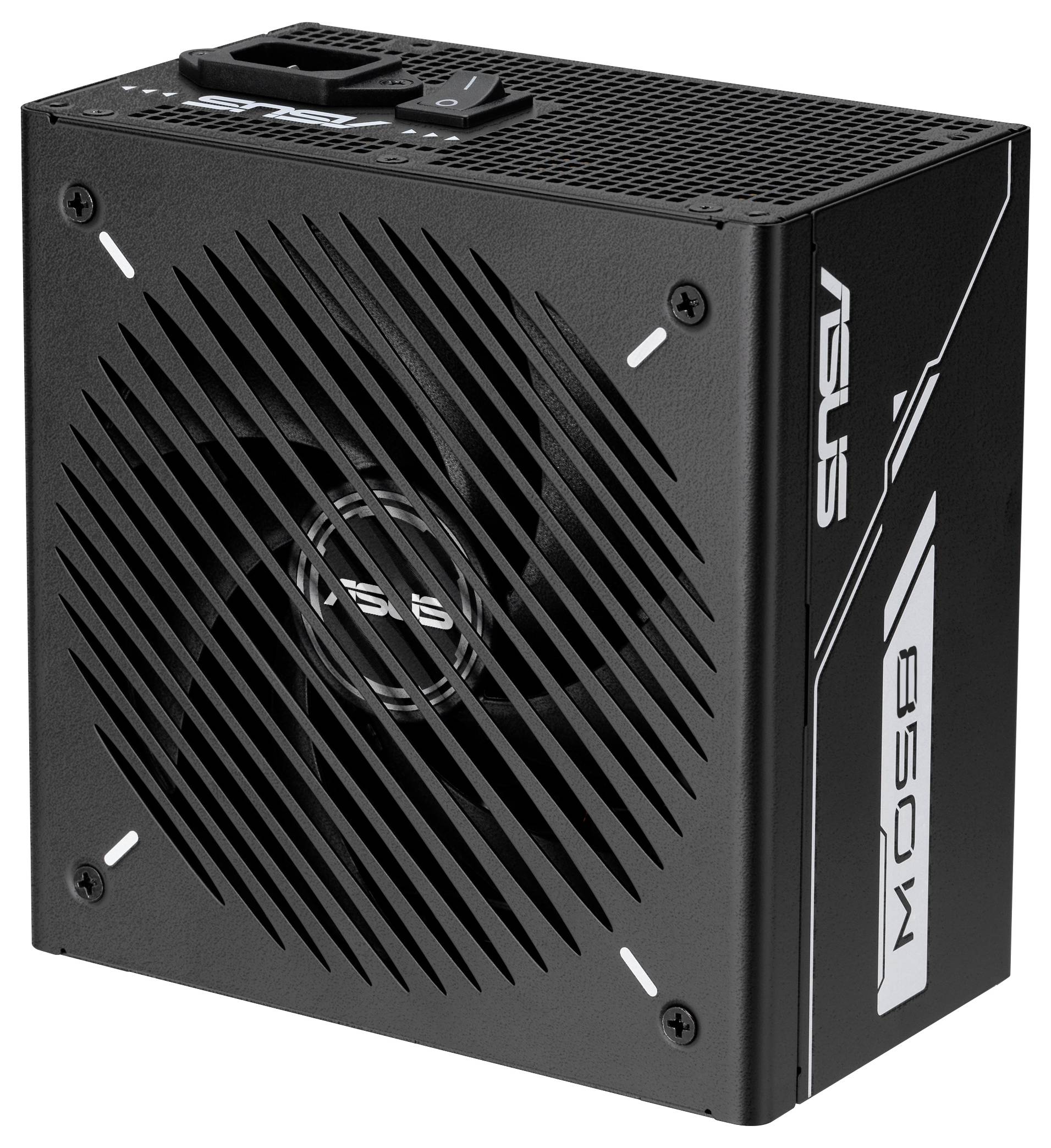 Schwarzes 850-W-Netzteil für Computer mit großem Lüfter mit diagonalen Lüftungsschlitzen und markengebundenem Außendesign.