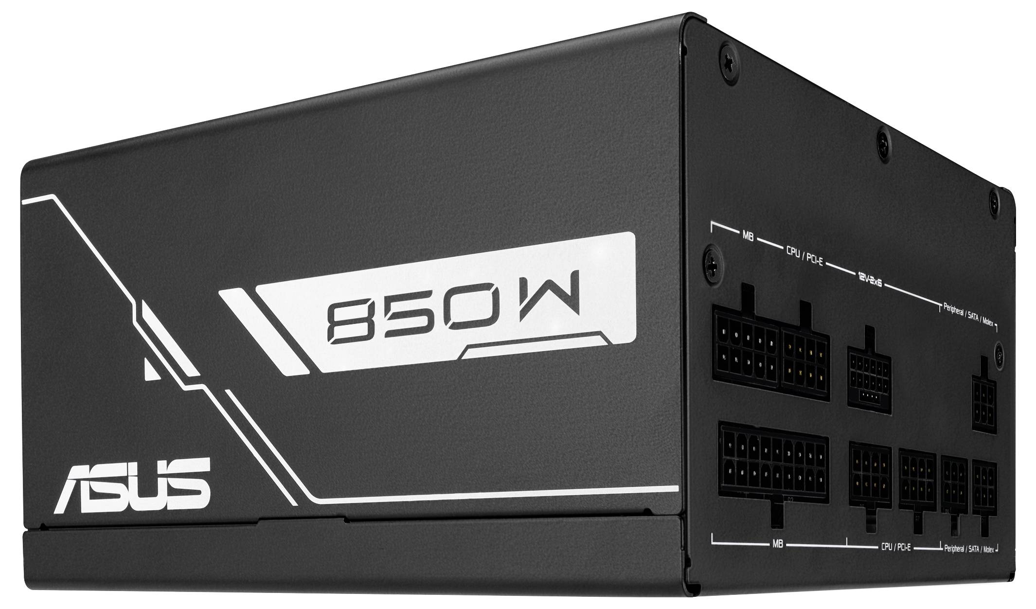 ASUS 850W Netzteil, schwarz, mit mehreren Anschlussanschlüssen an der Seite.