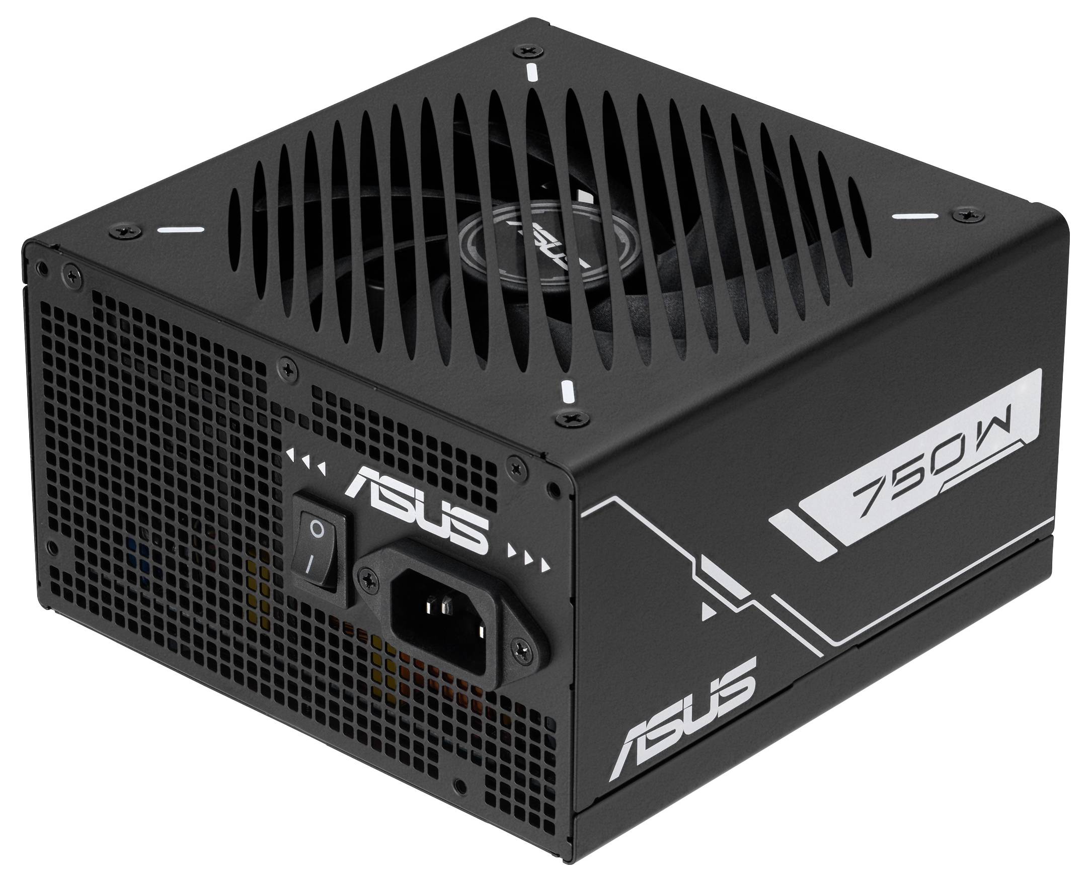 ASUS 750W Netzteil mit Kühlungsöffnungen und Wechselstromeingang, entwickelt für Desktop-Computer.