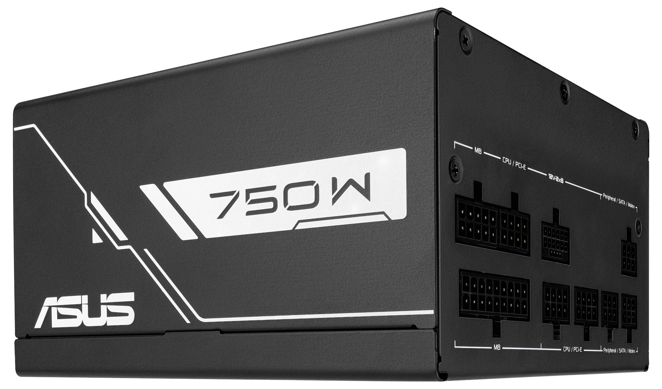 ASUS 750W Stromversorgungseinheit mit mehreren modularen Anschlüssen an der Seite, geeignet für eine leistungsstarke Computerausstattung.