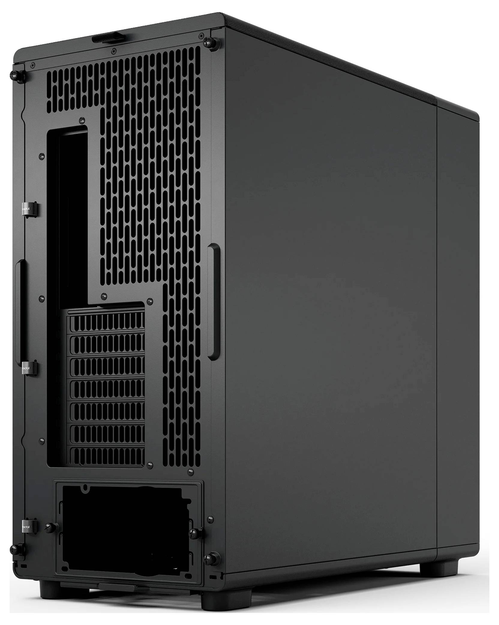 Ein elegantes schwarzes Computergehäuse mit einem Netzpanel auf der Rückseite, das mehrere Steckplätze und Anschlüsse aufweist und für effiziente Kühlung und Anpassung konzipiert ist.