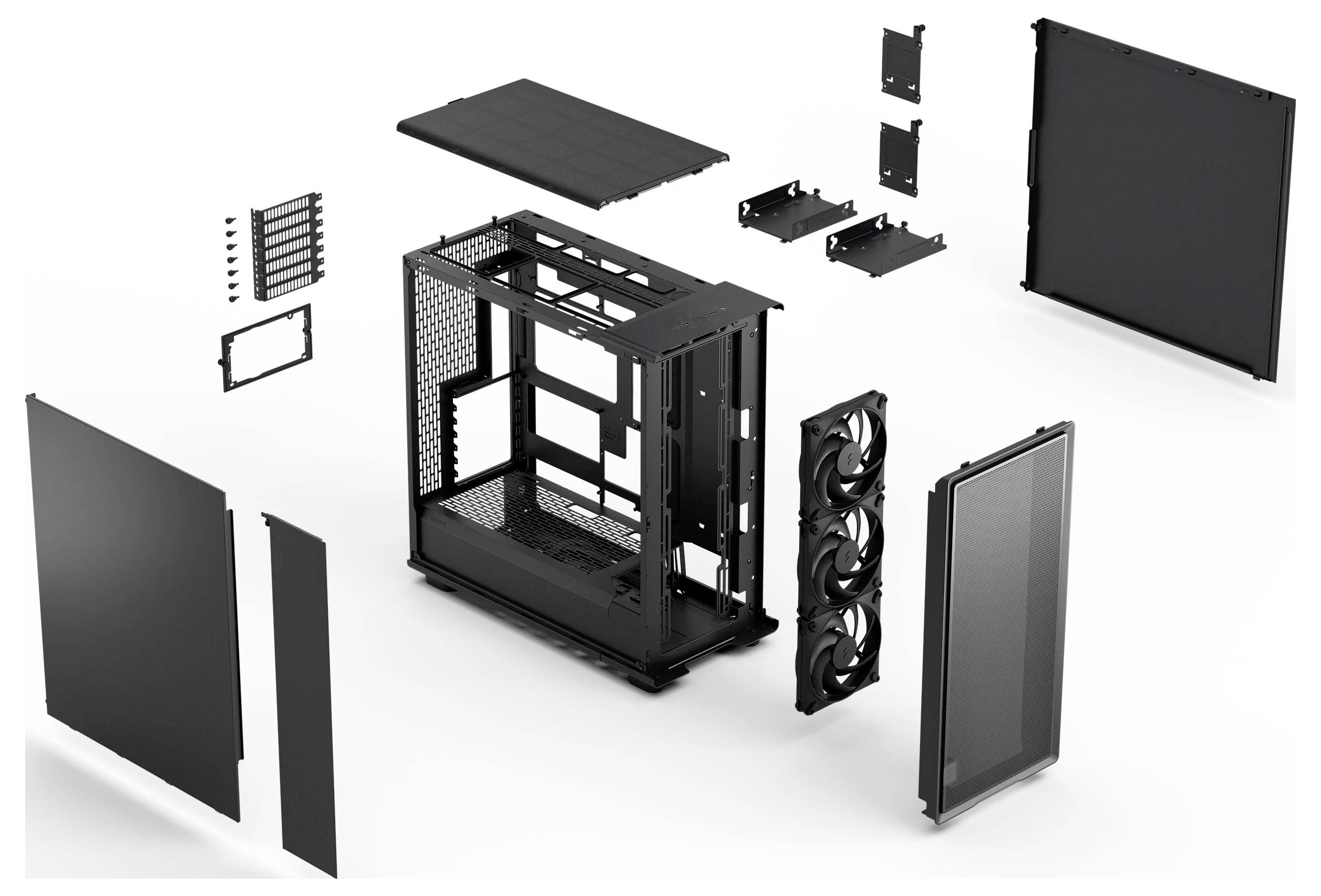 Explosionsansicht eines schwarzen Computergehäuses mit separaten Komponenten einschließlich Blenden, Lüftern und Rahmen für Montageillustration.