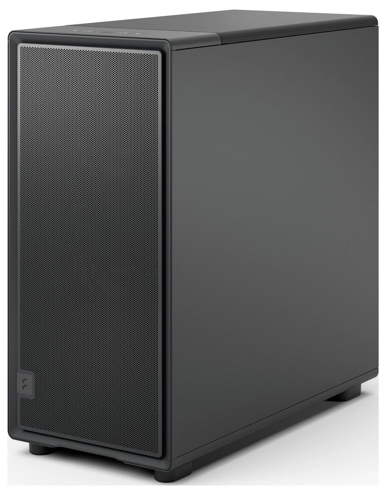 Ein eleganter schwarzer Computer-Tower mit einer Mesh-Frontblende, der für verbesserte Luftzirkulation konzipiert ist.