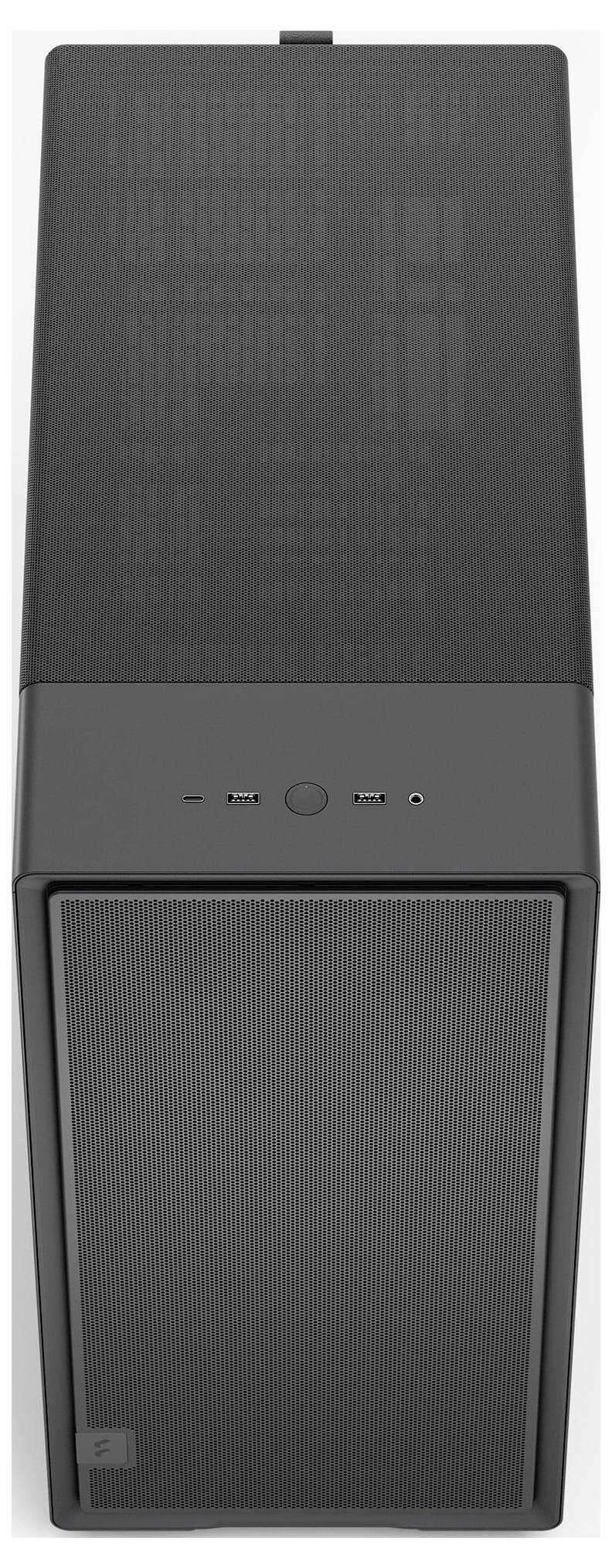 Ein eleganter, moderner schwarzer Computerturm mit zwei USB-Anschlüssen auf der Frontblende und belüfteter Bauweise auf der Oberseite für optimale Kühlung.