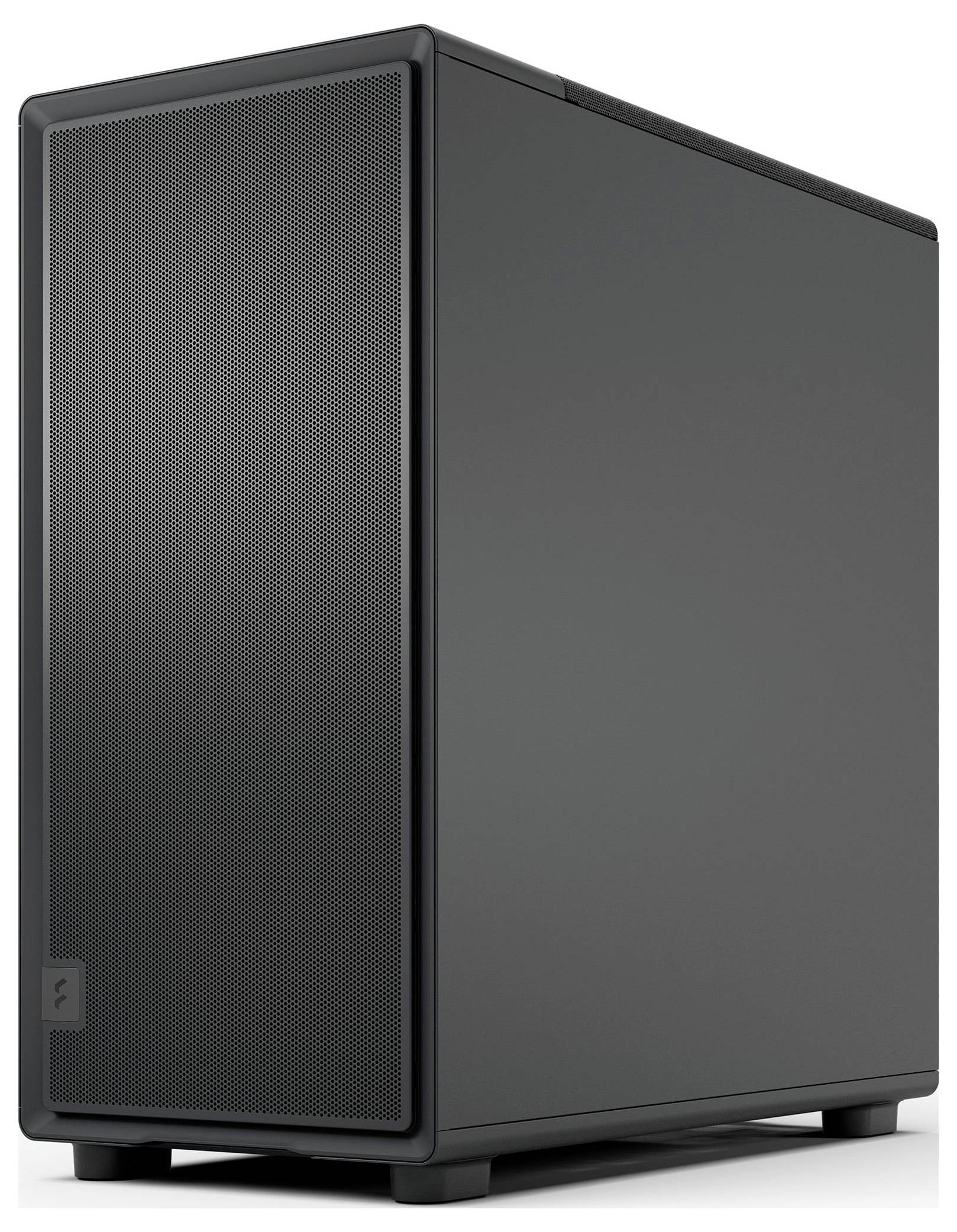 Ein schlanker schwarzer Computer-Gehäuse mit einem Mesh-Frontpanel, das ein minimalistisches Design aufweist und wahrscheinlich für Gaming oder High-Performance-Computing verwendet wird.