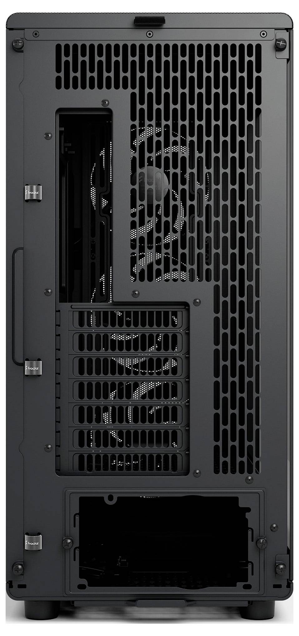 Eine schwarze Computergehäuse-Rückseite mit Belüftungsgittern, Erweiterungssteckplätzen und Stromversorgungsbereich.