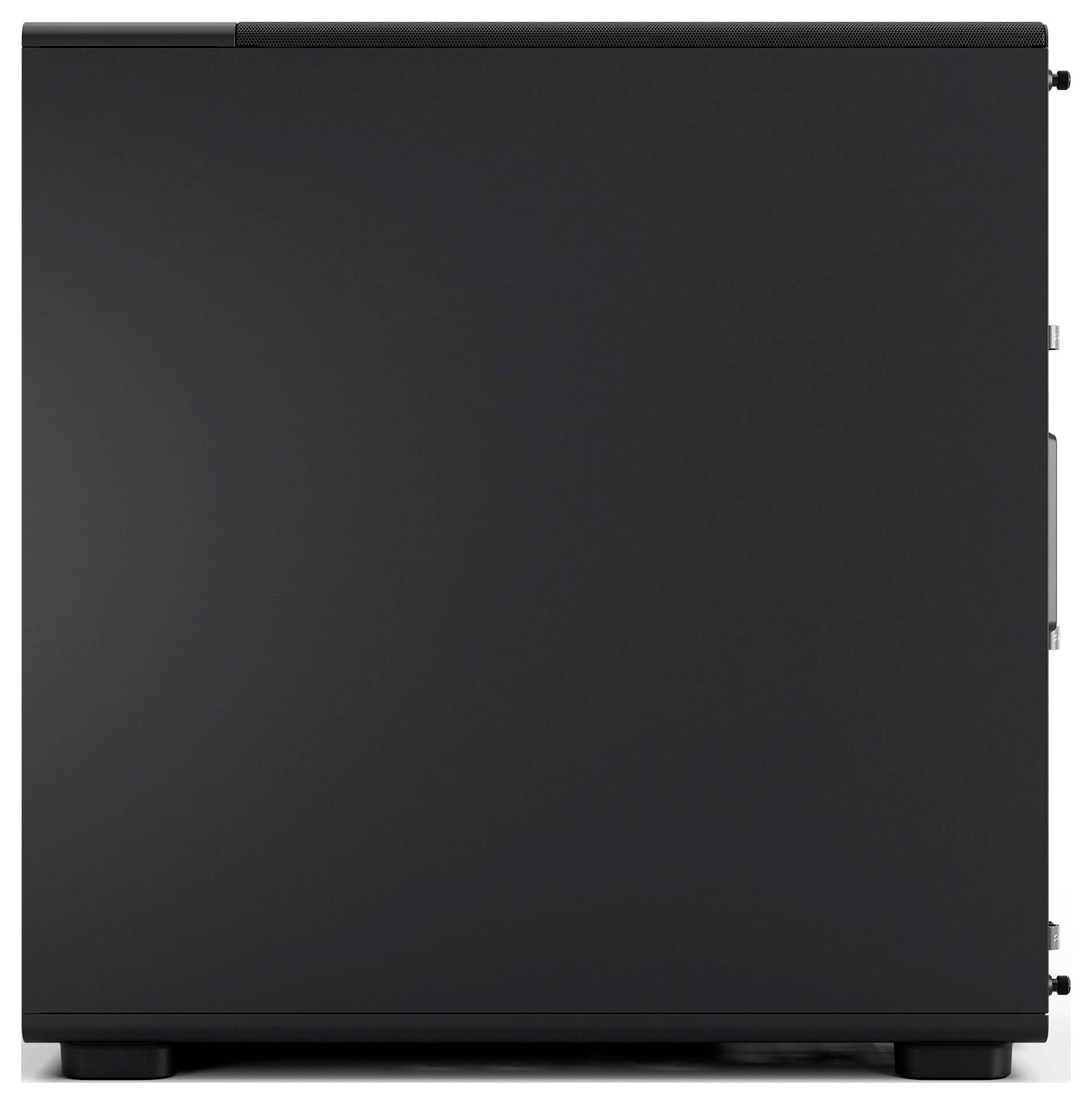 Ein schwarzes Computergehäuse mit einem flachen, minimalistischen Seitenpanel ohne sichtbare Logos oder Designelemente.