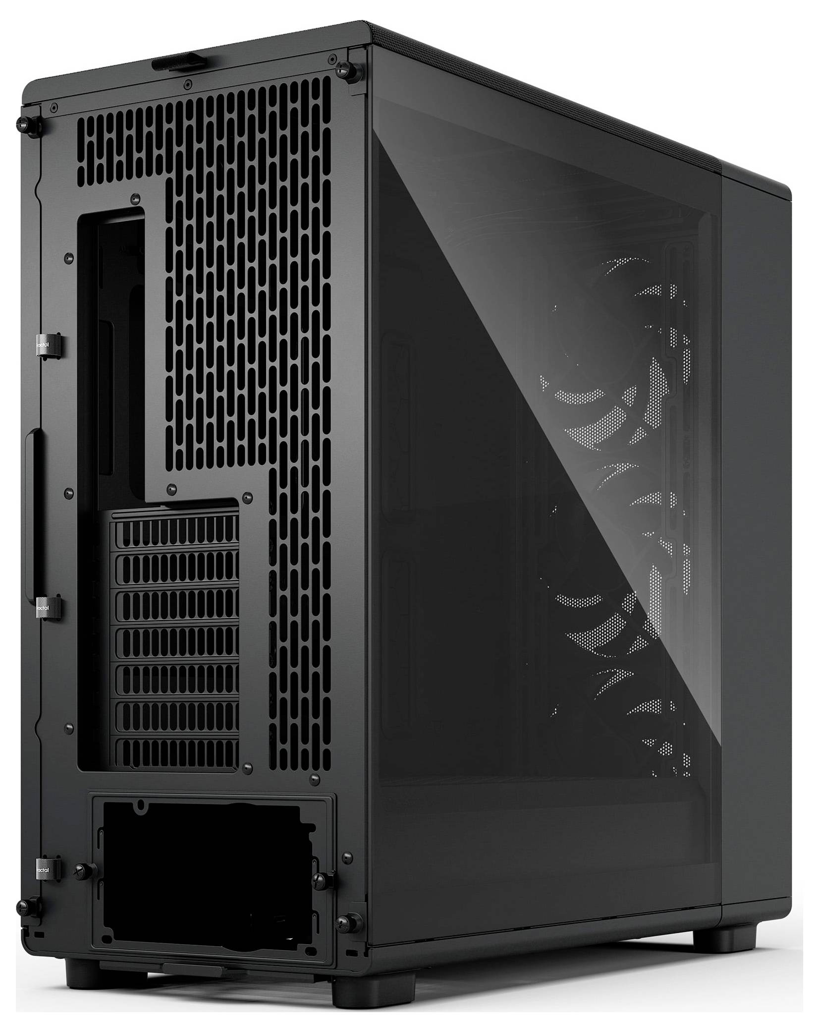 Ein schwarzes Computergehäuse mit einer transparenten Seitenwand, das interne Bereiche für Komponenten zeigt, vertikal auf seiner Rückseite positioniert.