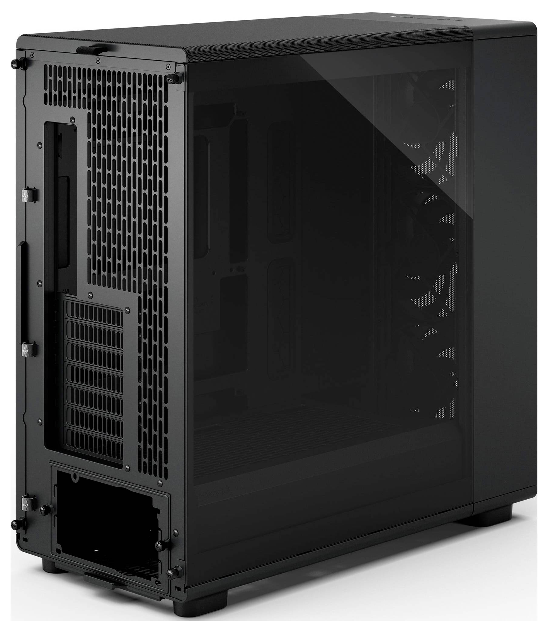 Ein schwarzes Computer-Gehäuse mit einem seitlichen Fenster zum Betrachten der internen Komponenten, mit mehreren Lüftermontagen und Belüftungsgittern.