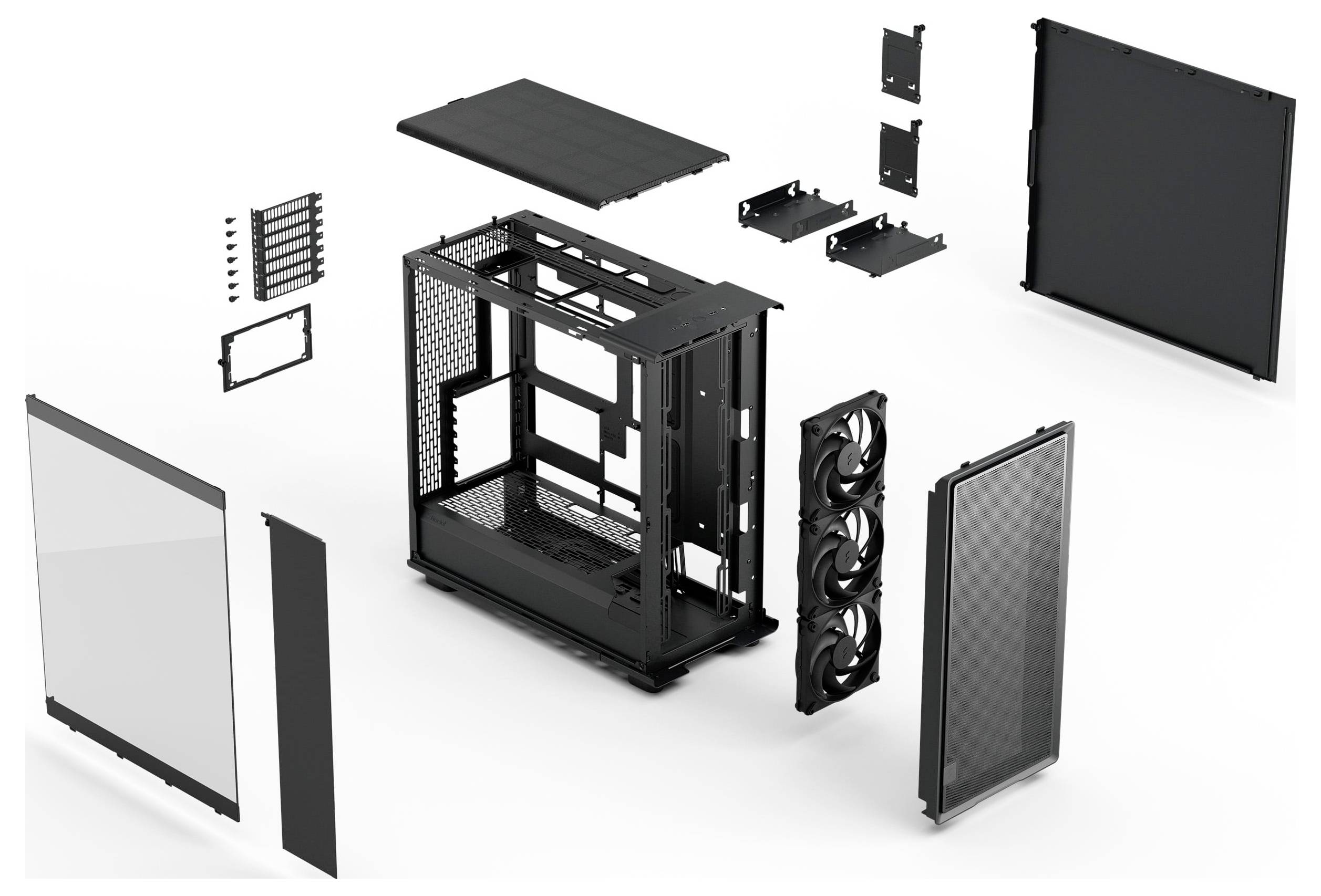 Explodiertdarstellung eines Computergehäuses mit Komponenten wie Rahmen, Blenden, Lüftern und Halterungen, die Montage und Anordnung veranschaulichend.