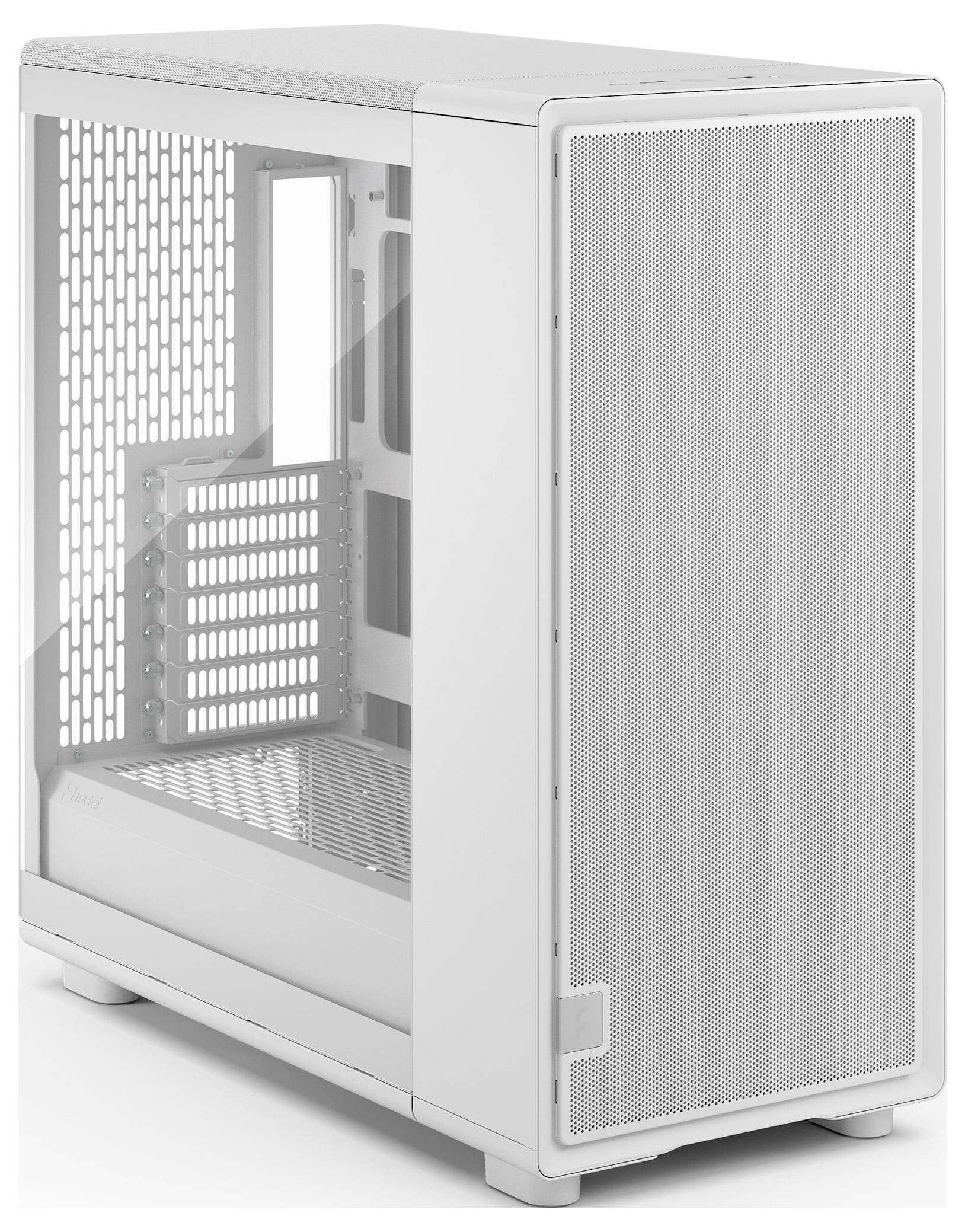 Ein schlankes, weißes Computergehäuse mit sichtbaren Lüftungsöffnungen und offenen Steckplätzen für Komponenten, konzipiert für die Desktop-PC-Montage.