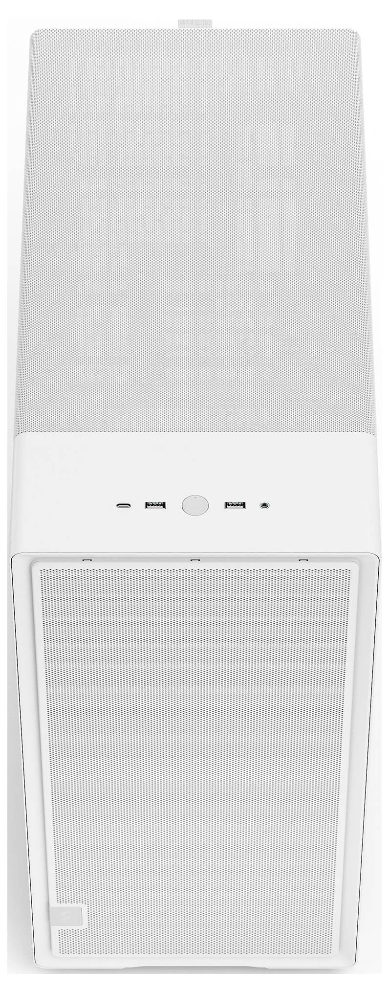 Weißes Computer-Tower-Gehäuse mit Mesh-Frontblende für Luftstrom, mit drei USB-Anschlüssen an der Vorderseite und Ein-/Ausschalter auf der oberen Blende.