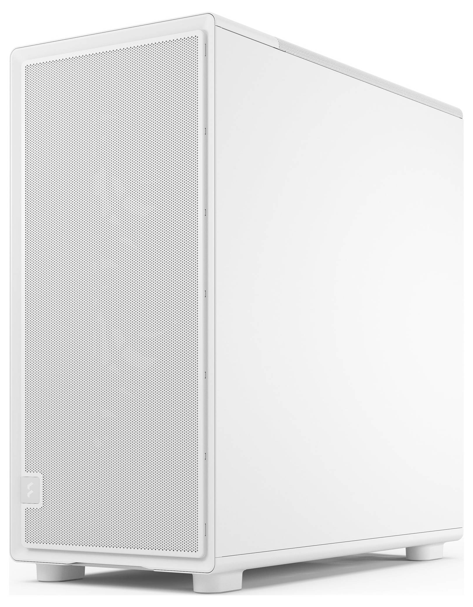 Ein schlanker, weißer Computer-Tower mit einem Mesh-Frontpanel, das ein minimalistisches Design für moderne Desktop-Umgebungen bietet.