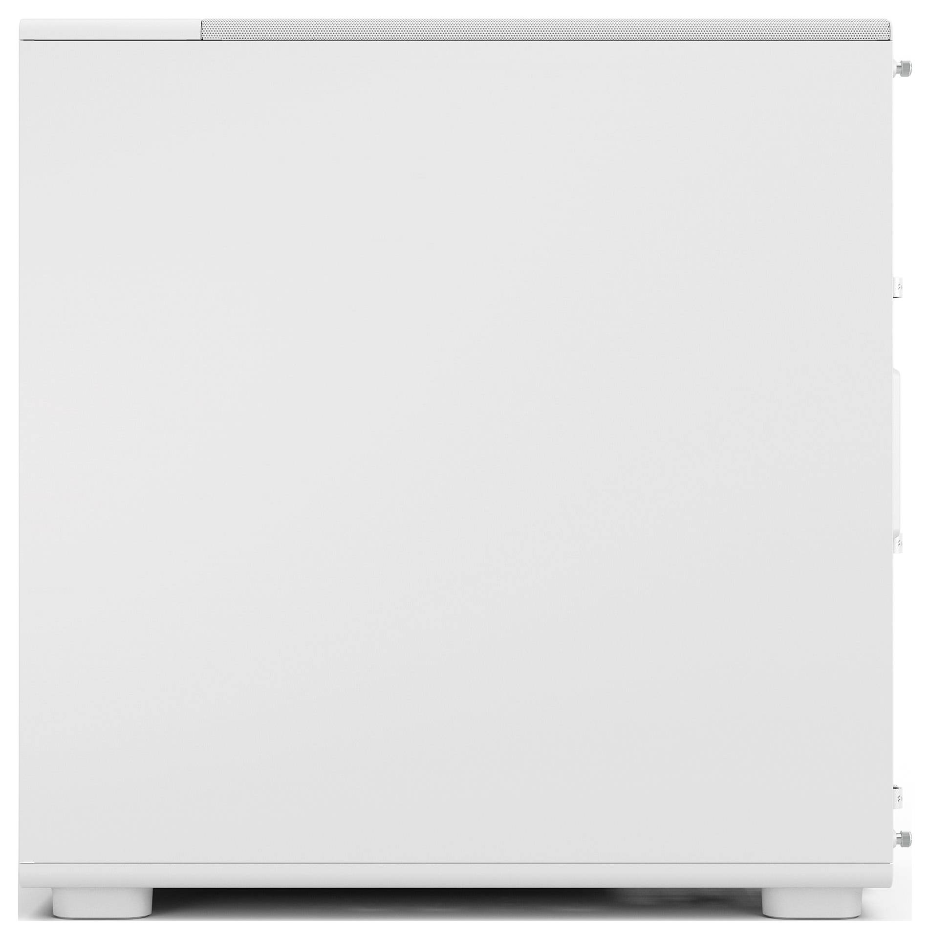 Ein minimalistischer weißer Schrank in Seitenansicht, mit einer schlichten Tür und subtiliem Griff, stehend auf einer ebenen Fläche.