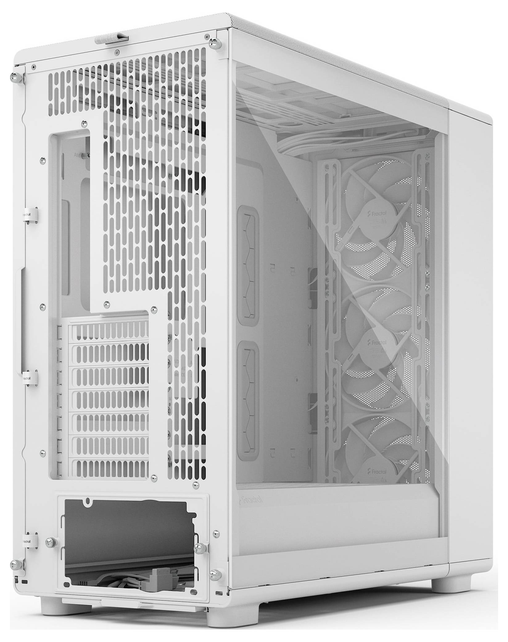 Ein weißes Computergehäuse mit durchsichtigem Seitenpaneel, das Innenschrankbereiche für Komponenten und Kühlventilatoren zur Luftzirkulation präsentiert.