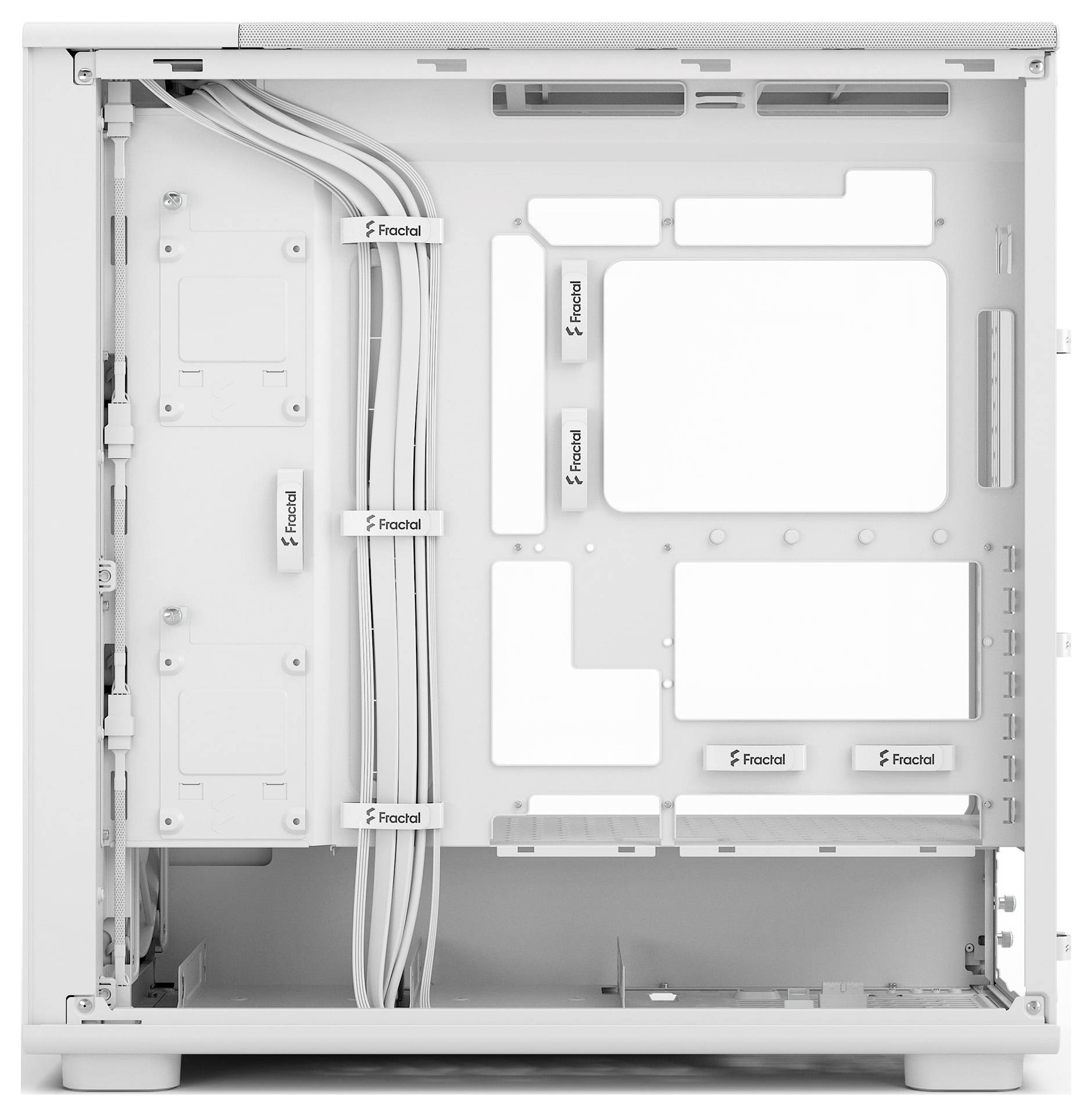 Ein weißes Computergehäuse mit sichtbaren Kabelmanagement-Wegen und Befestigungspunkten, das ein organisiertes Innendesign von Fractal präsentiert.