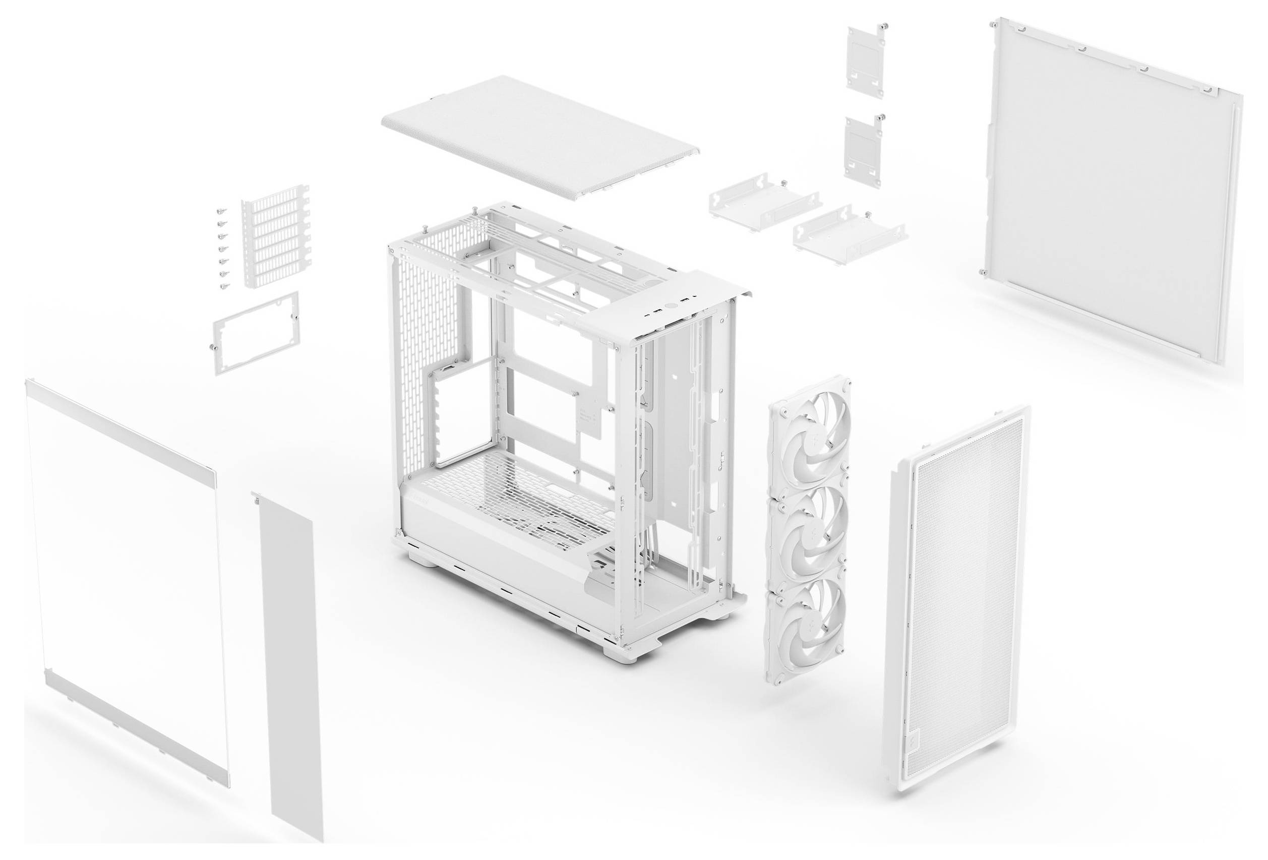 Eine Explosionszeichnung eines weißen Computergehäuses mit einzelnen Komponenten, darunter das Gehäuse, die Paneele und die Kühlventilatoren.