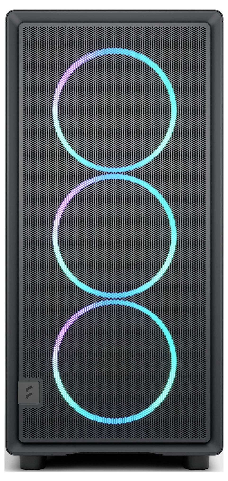 Ein schwarzes Computergehäuse mit einer Netzfront, die drei vertikal angeordnete RGB-beleuchtete Kühlventilatoren aufweist.