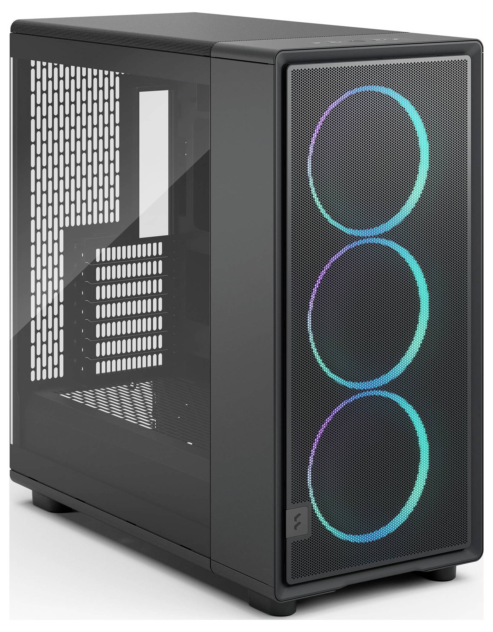 Ein schwarzer Desktop-Computer-Tower mit einem transparenten Seitenpaneel und drei kreisförmigen LED-Leuchten an der Vorderseite.