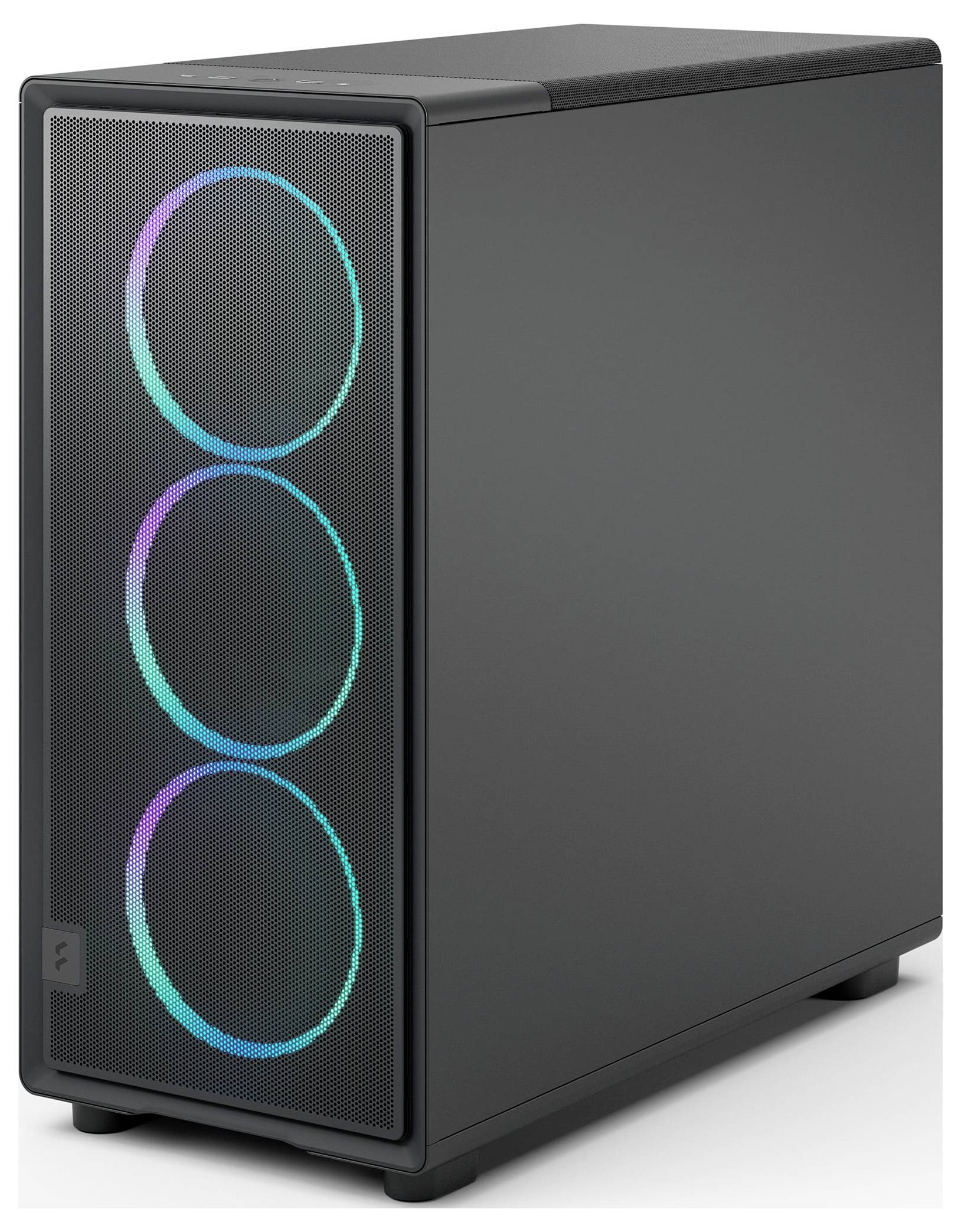 Ein schlanker, schwarzer Computer-Tower mit drei kreisförmigen, farbigen LED-Lüftern auf der Frontplatte, die ihm ein modernes und auffälliges Aussehen verleihen.