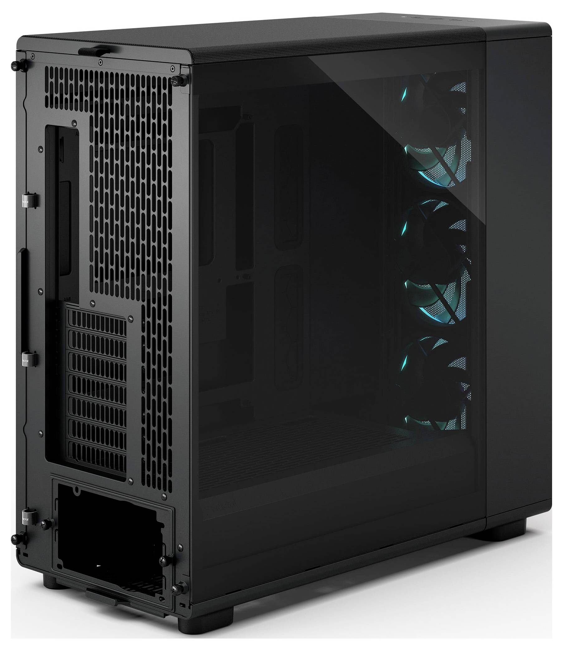 Ein schwarzes Computergehäuse mit transparenter Seitenwand, das vier vertikal angeordnete beleuchtete Lüfter mit blauen Lichtern zeigt.