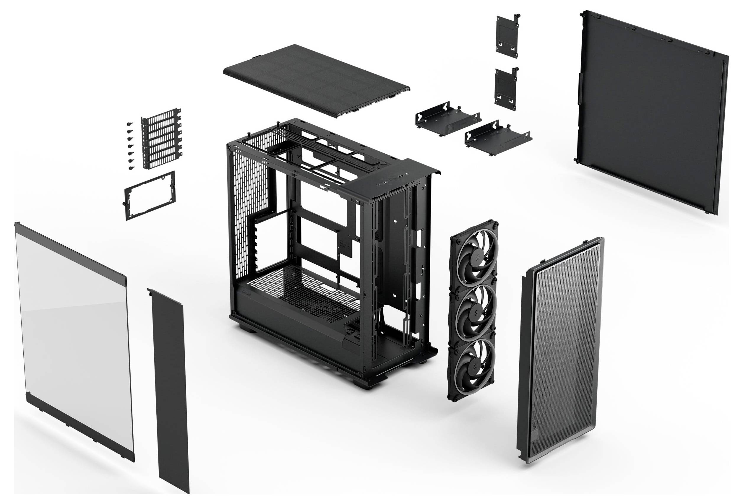 Explosionszeichnung eines Computergehäuses mit einzelnen Komponenten, einschließlich Blenden, Lüftern und Rahmen, die das Montagelayout veranschaulichen.