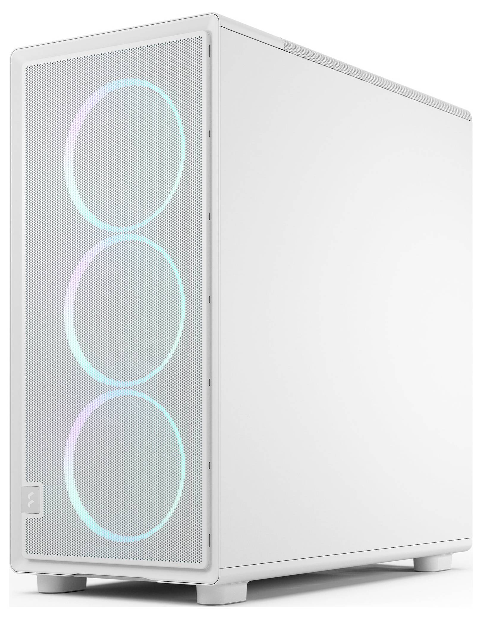 Ein dunkles Gaming-PC-Gehäuse mit RGB-Lichtern, drei Lüfter vorne, seitliches transparentes Panel; Abmessungen: 41,5 cm Höhe, 47 cm Tiefe, 22 cm Breite.