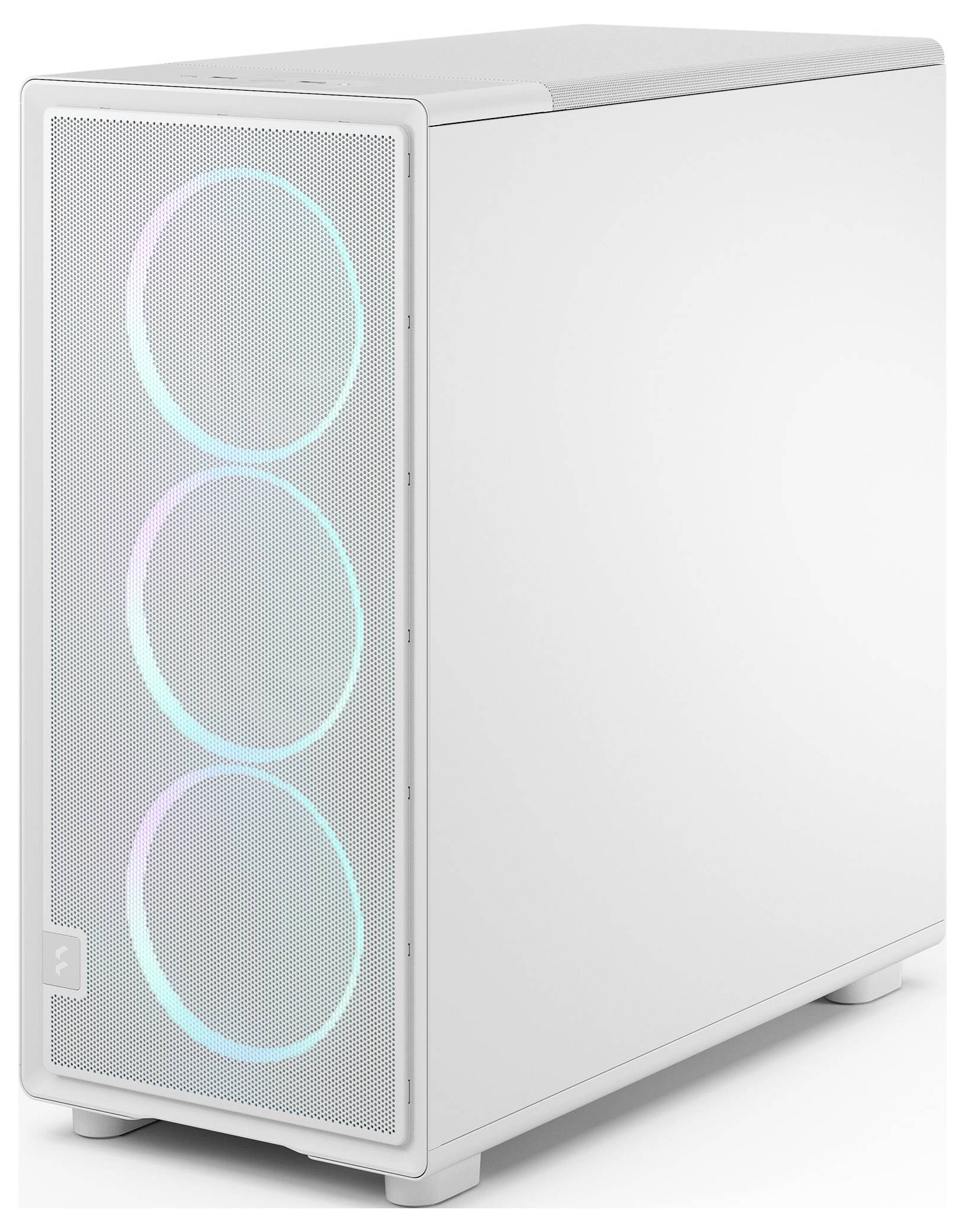 Ein weißes Computergehäuse mit einem Mesh-Frontpanel mit drei sichtbaren Lüftern, die ein sanftes, mehrfarbiges Licht abgeben.