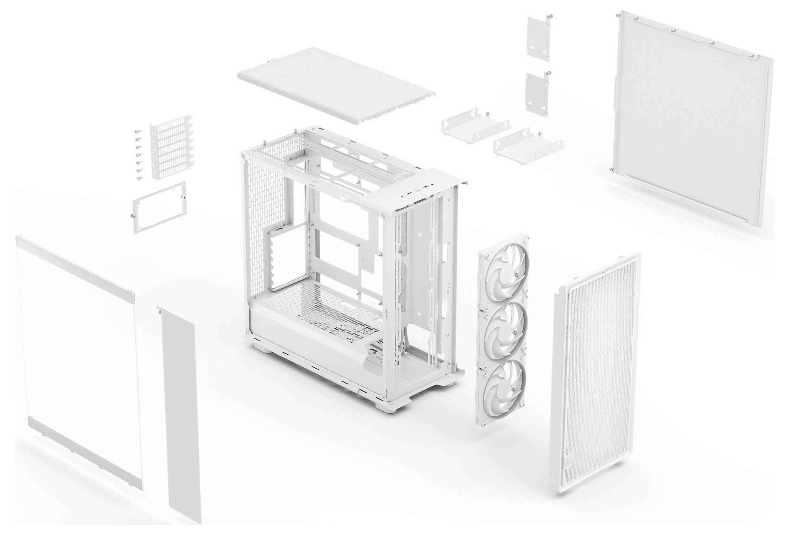 Gehäusekomponenten getrennt zur Montage, einschließlich Hauptrahmen, Seitenwände, Lüfter und Halterungen, in einer Explosionsansicht angeordnet.