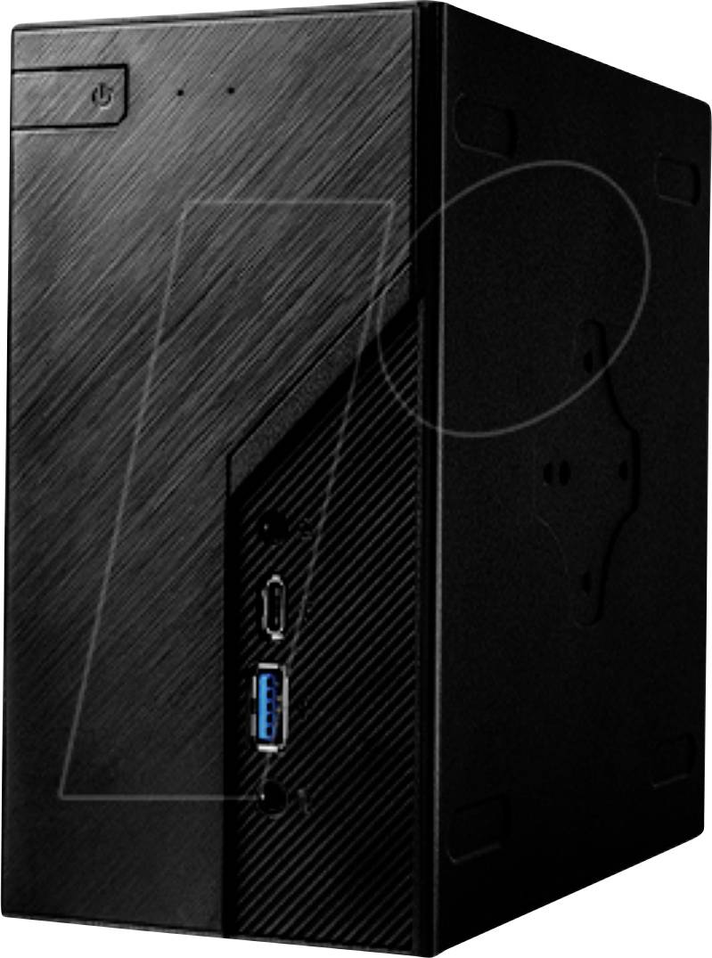 Ein schwarzer Computerturm mit nach vorne gerichteten USB- und HDMI-Anschlüssen und strukturiertem Design.