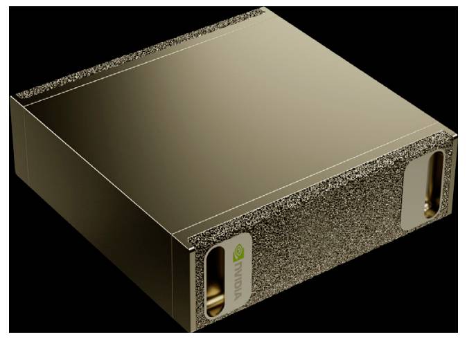 Eine goldfarben rechteckige GPU-Einheit mit „NVIDIA