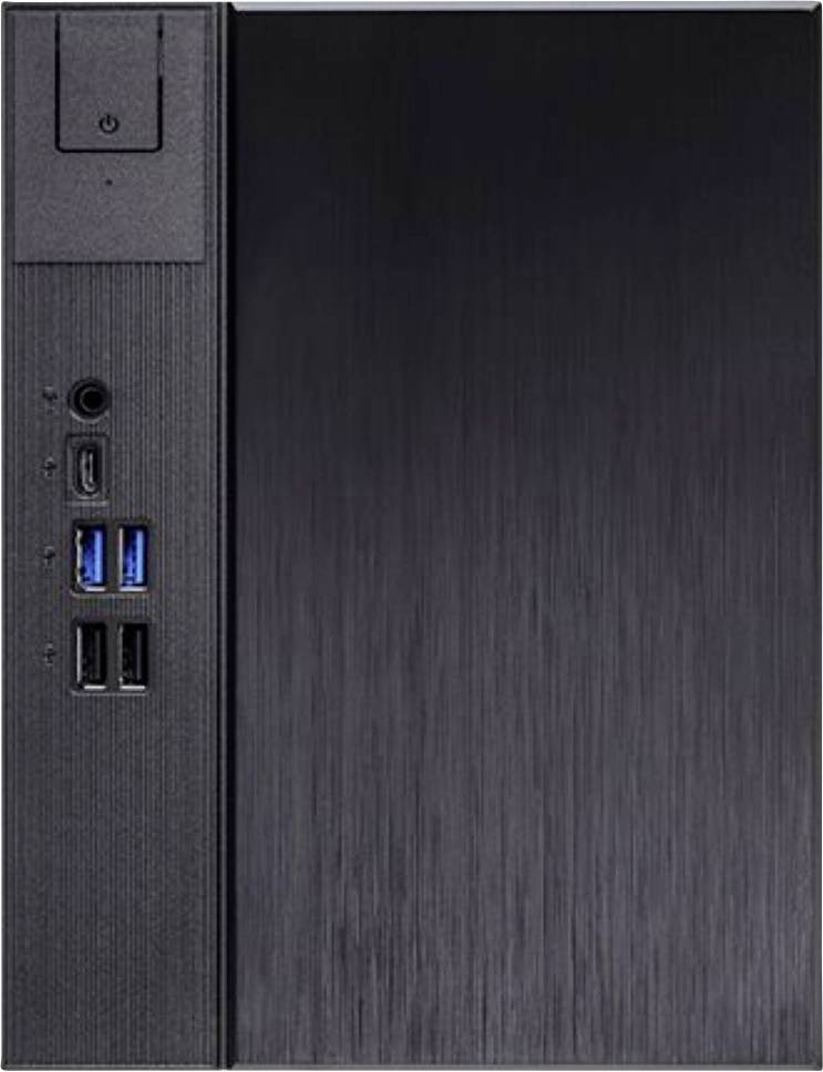 Ein schwarzer Desktop-Computer-Tower mit einem Netzschalter, USB-Anschlüssen und einer Audiobuchse auf der Frontplatte.