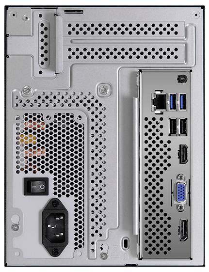 Rückseite eines Computergehäuses mit verschiedenen Anschlüssen und Verbindungselementen, einschließlich USB, HDMI, VGA und Stromversorgungsstecker.