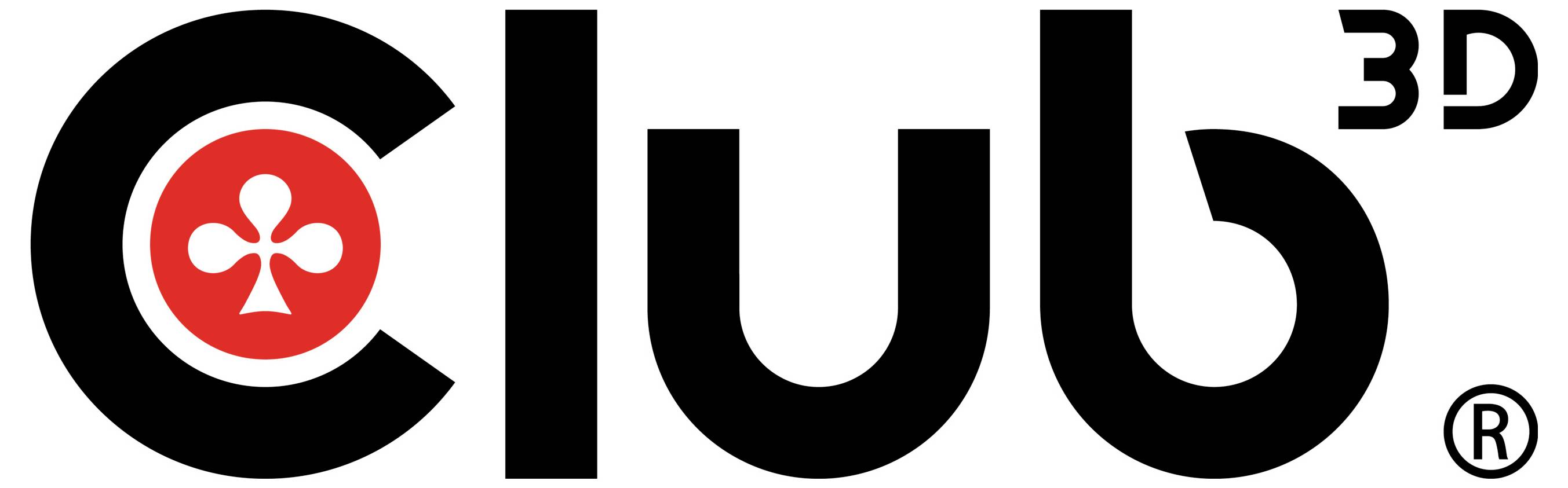 Club 3D Logo mit einem roten Kreis und weißem dreiblättrigem Symbol im Inneren des Buchstabens C, plus ein eingetragenes Warenzeichensymbol.
