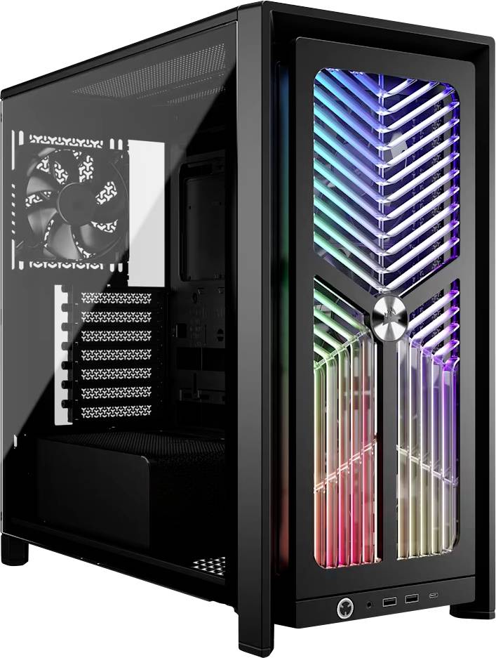 Schwarzes Desktop-PC-Gehäuse mit gehärtetem Glasseitenpanel und RGB-beleuchteter Frontblende und Lüfter