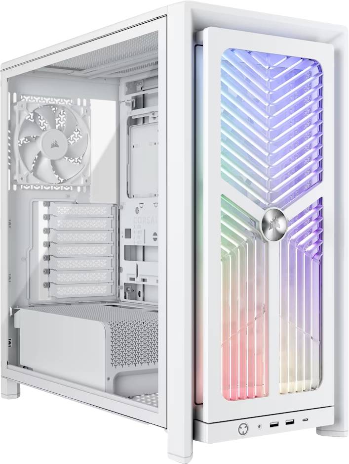 Weiß-schwarzes Desktop-Computer-Gehäuse mit gehärtetem Glasseitenpaneel und RGB-beleuchteter Frontplatte, mit sichtbaren internen Kühlungslüftern und Erweiterungssteckplätzen.