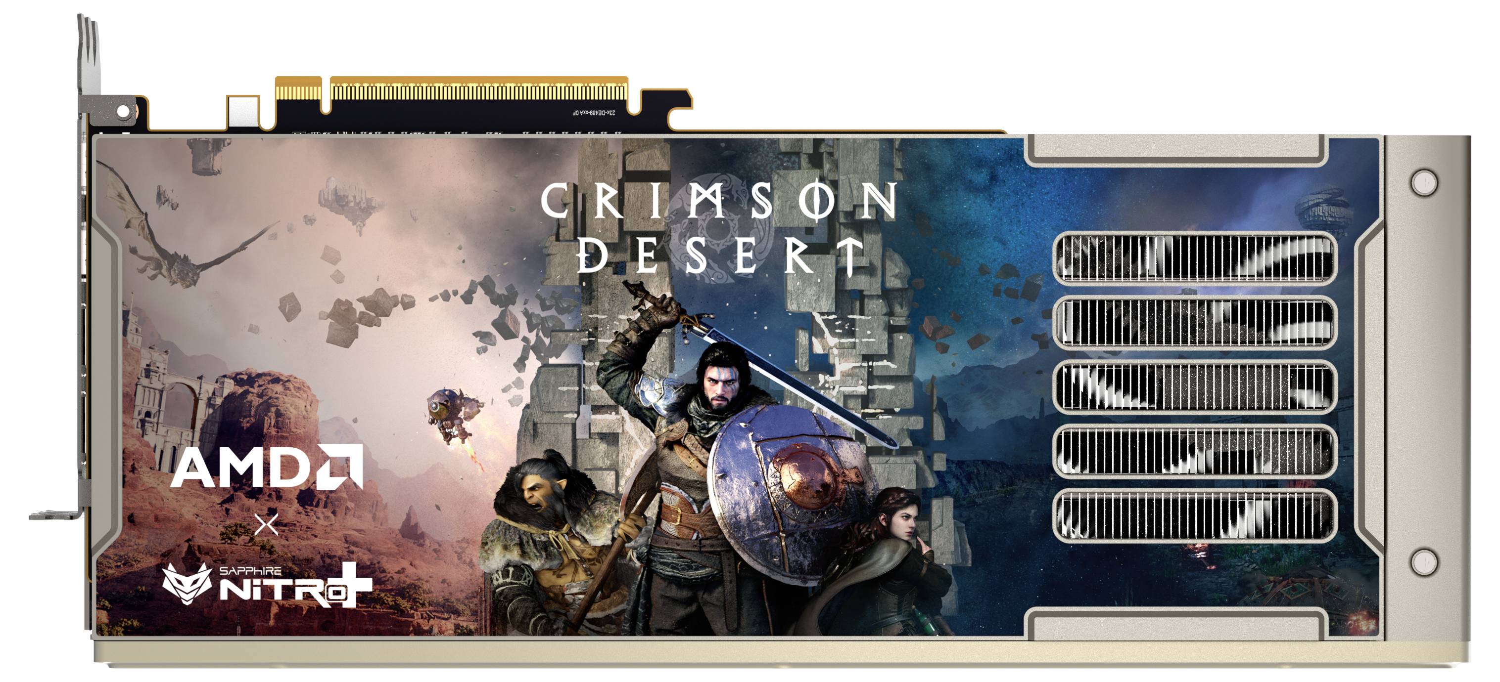 Grafikkarte mit "Crimson Desert"-Artwork mit drei Charakteren in Rüstung, AMD- und Nitro-Logos sowie Wärmeableitungsöffnungen an der Seite.