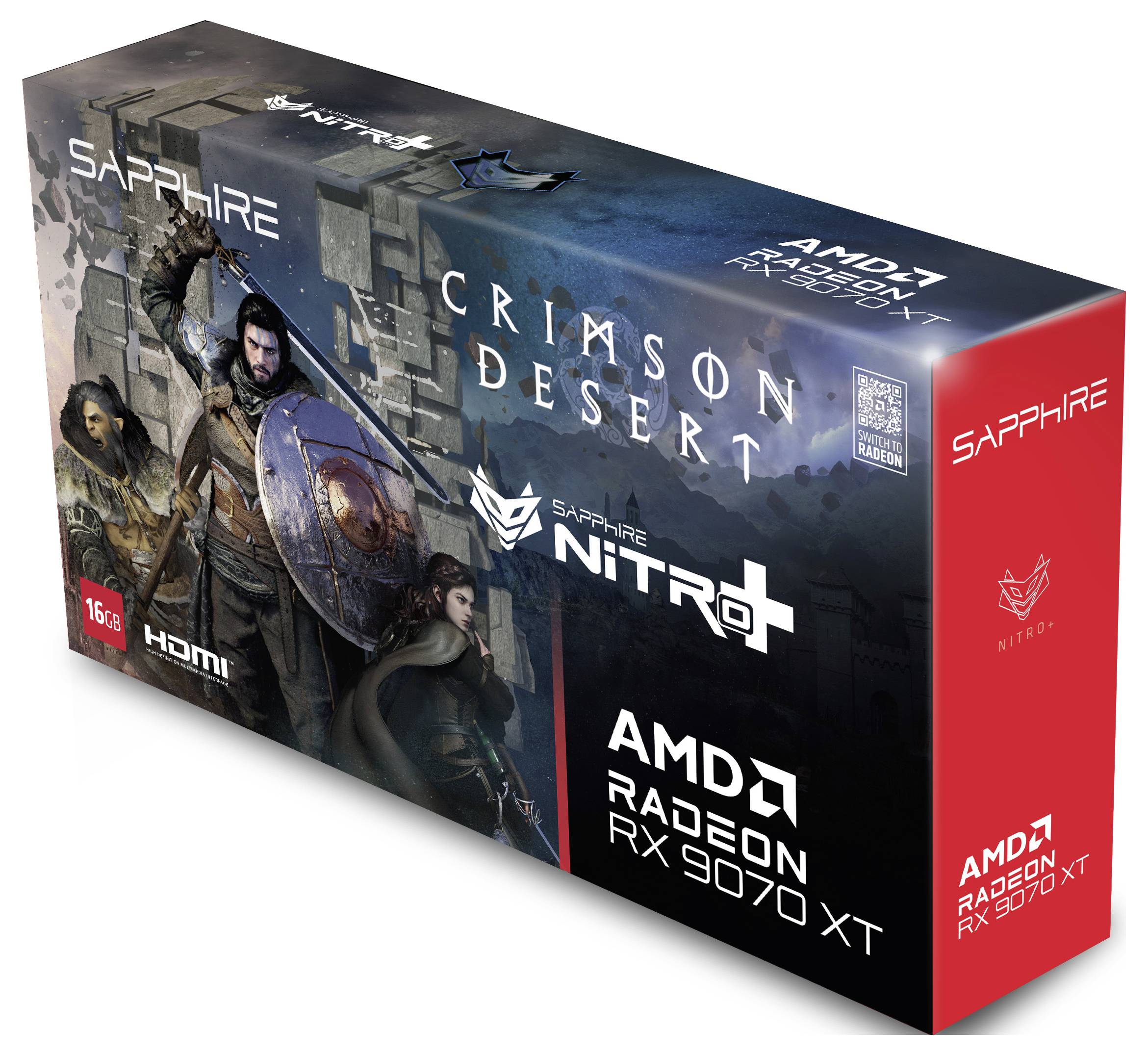 Eine rot-schwarze Box mit der Aufschrift "Sapphire Nitro+ AMD Radeon RX 7900 XT". Sie zeigt drei gepanzerte Charaktere aus "Crimson Desert".