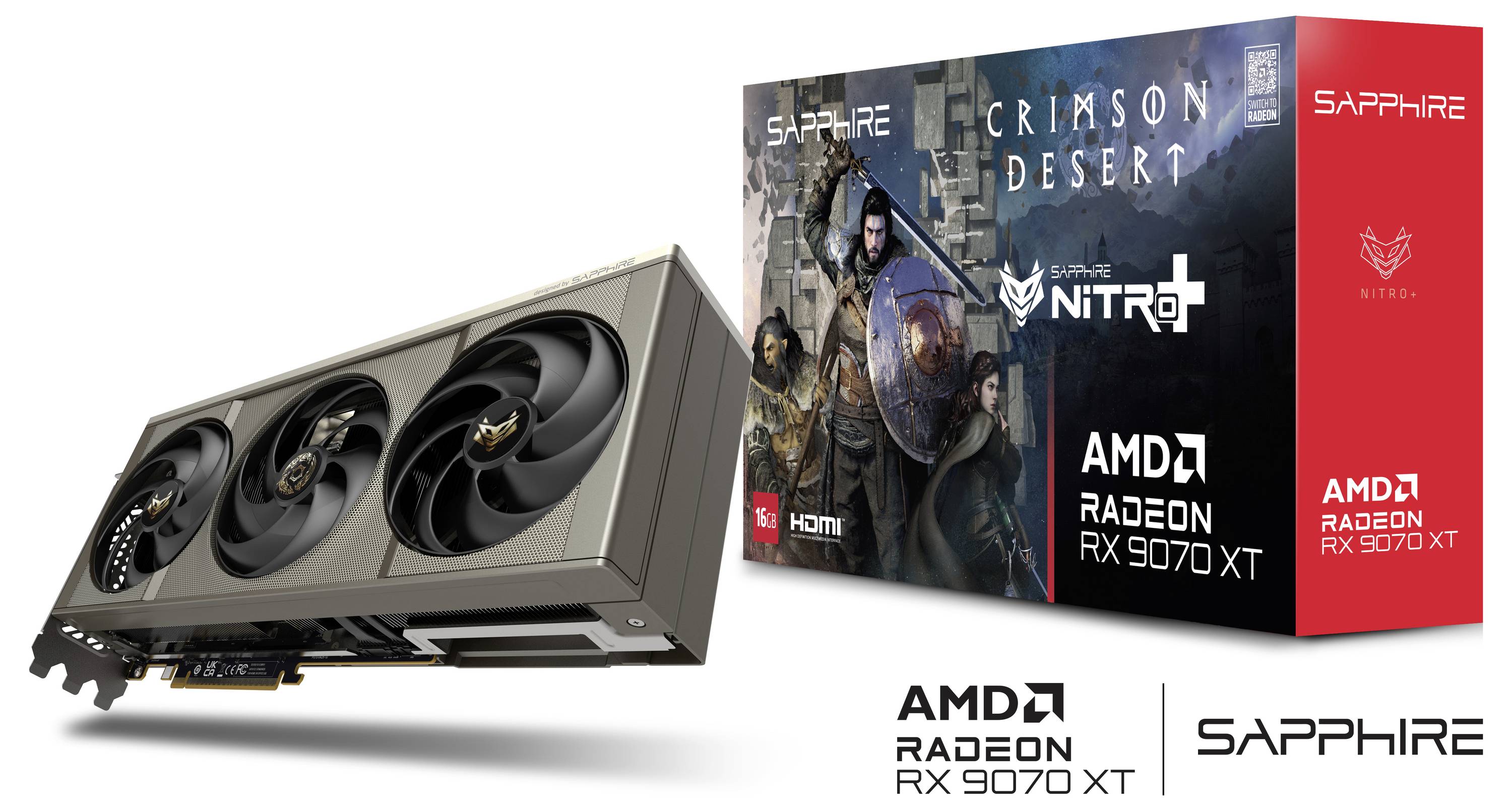 Eine Sapphire Nitro+ AMD Radeon RX 7900 XT-Grafikkarte wird neben ihrer Crimson Desert-Themen-Verpackung gezeigt.