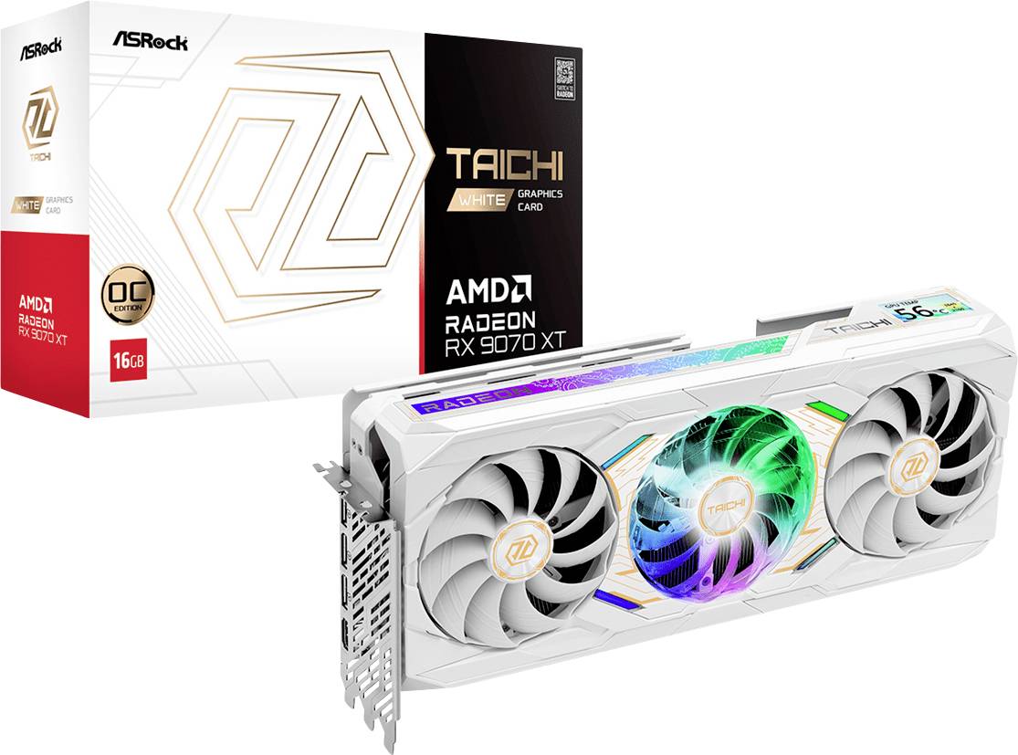 Eine weiße ASRock AMD Radeon RX 7900 XT Grafikkarte mit RGB-Lüftern wird neben ihrer Verpackung angezeigt, die 